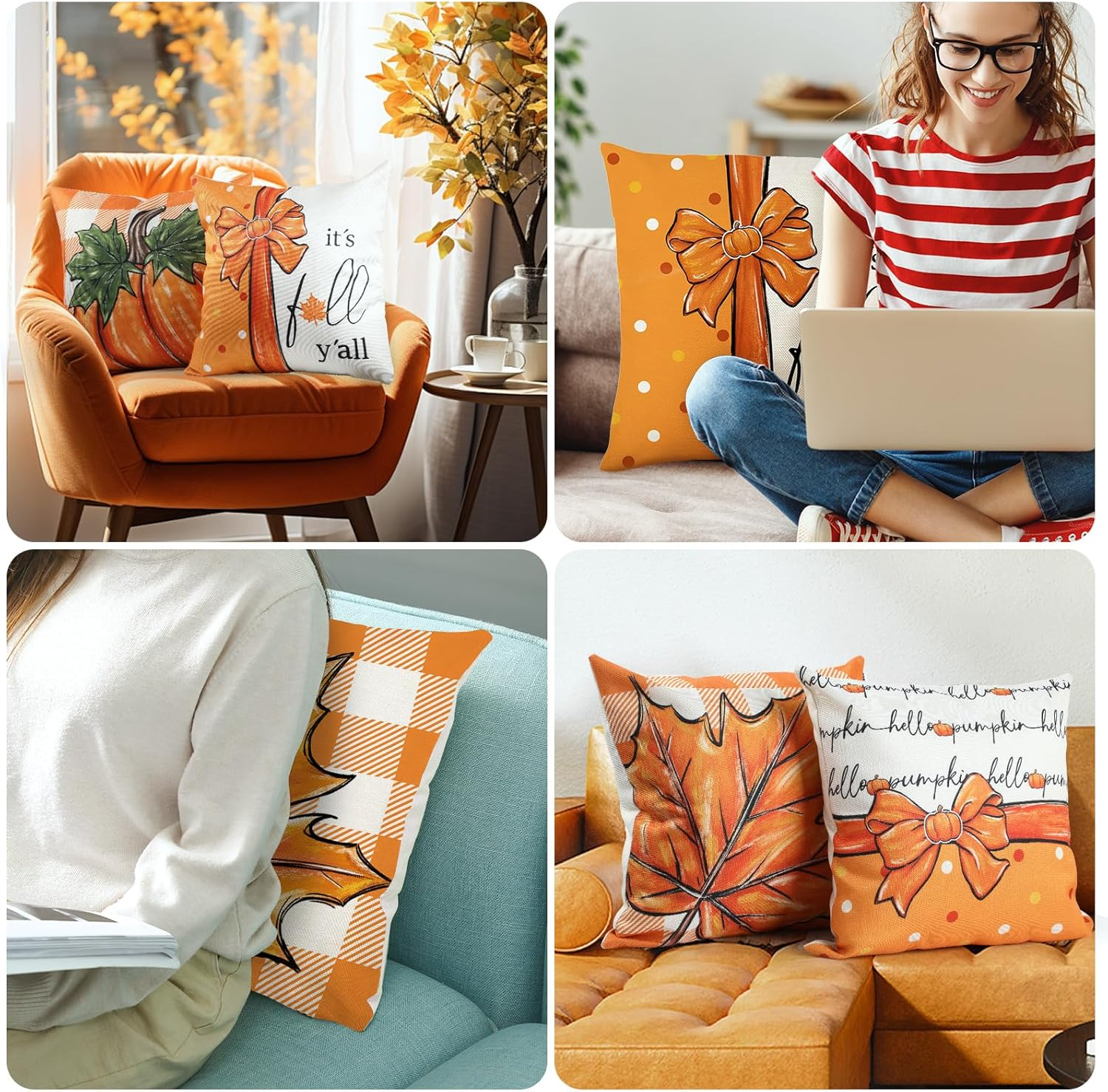 Bigqin 4 Pack Fall Throw Pillow Covers 45X45Cm/18 X18, Maple Leaf Cushion Cover Orange Home Decor Pumpkin Cushion Covers, Pumpkin Home and Halloween Decorations image number 3