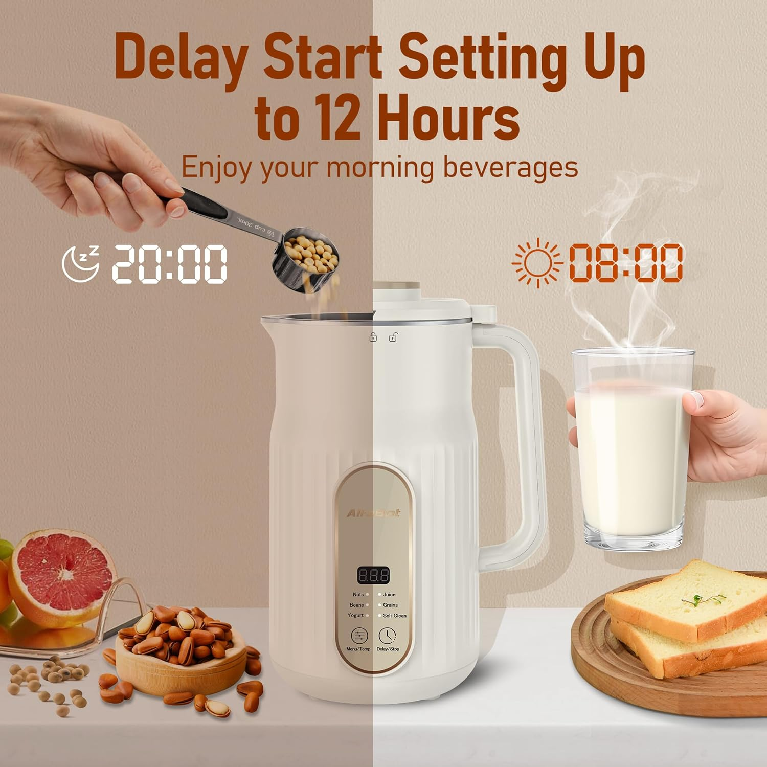 Nut Milk Maker, Alfabot Automatic Almond Milk Machine for Homemade Plant-Based, Oat, Soy, Yogurt, 5 Modes/35Oz Big Capacity Soy Milk Maker with Delay Setting and Self Cleaningmaker