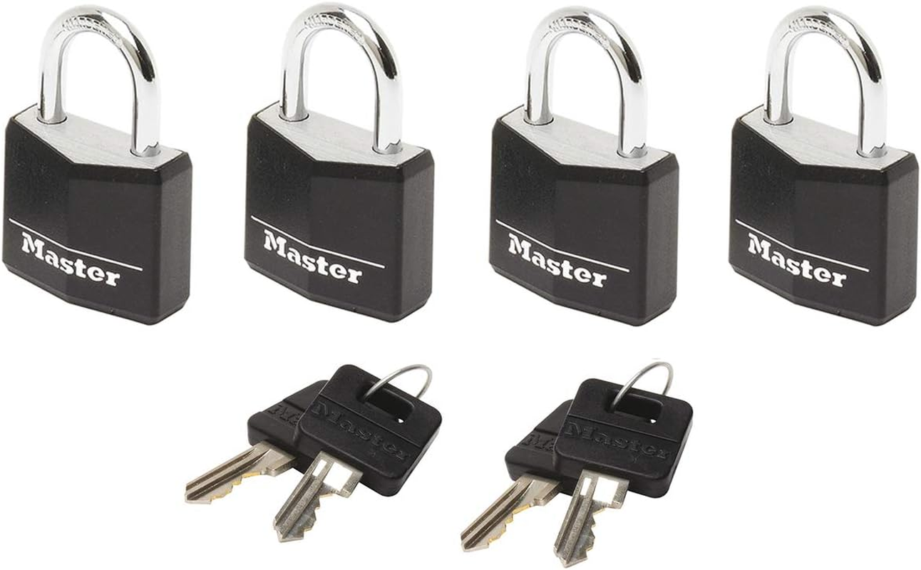 MASTER LOCK Small Padlocks [Key] [Keyed Alike] [Family Pack of 4] 9120EURQNOP - Best Used for Backpacks, Luggage, Computer Bags, Locker, Gym and More, Silver