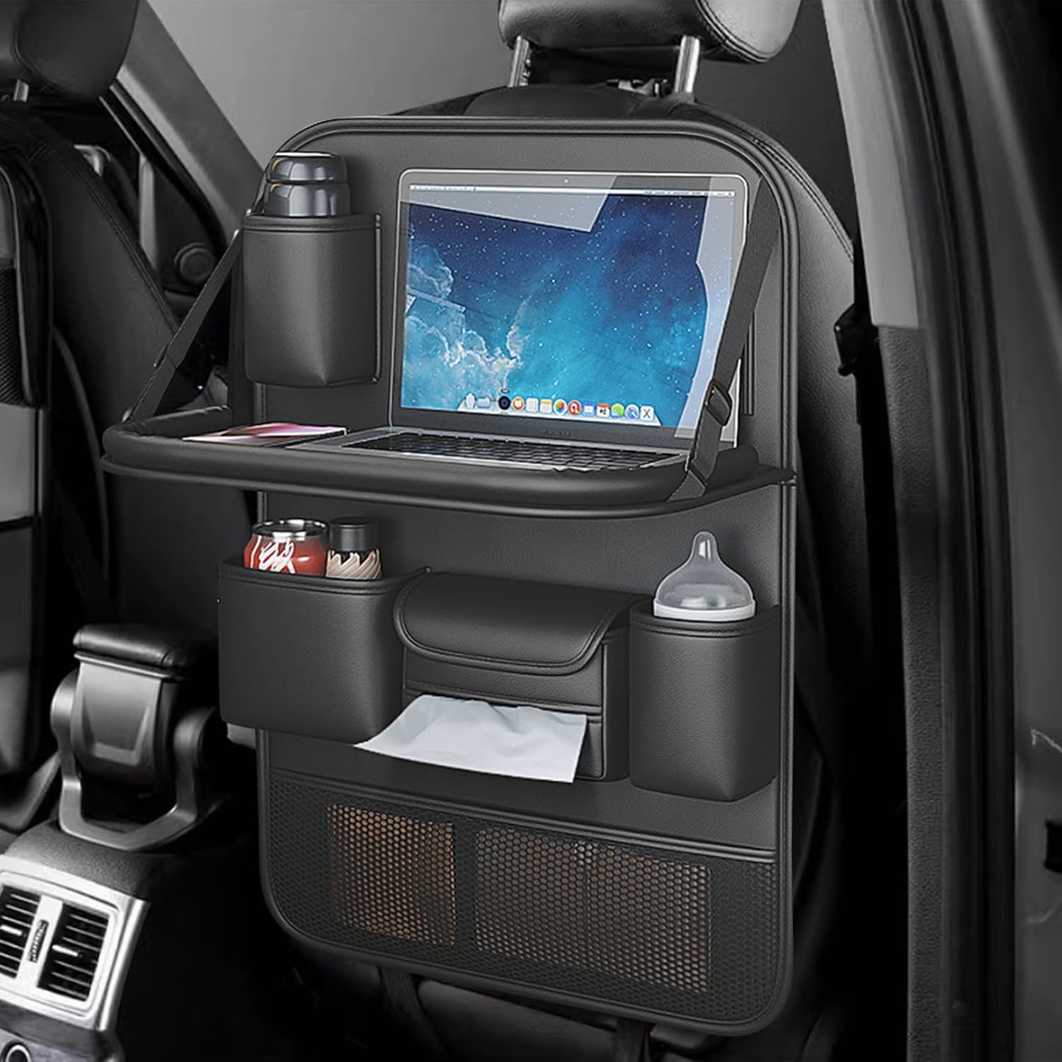 Nappa Leather Car Seat Organizer Kids Travel Tray [1 Pack], Foldable Car Backseat Tablet Holder Storage Bag, Universal Auto Organizer for Car SUV, Multifunction Seat Back Kick Mat Protector