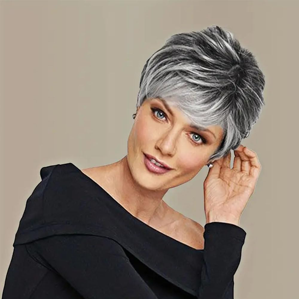 AUBWIG Black Ombre White Short Pixie Cut Wigs Tiered Fluffy with Fringe Natural Straight Heat Resistant Synthetic Short Hair Wigs for Women (Black Ombre White)