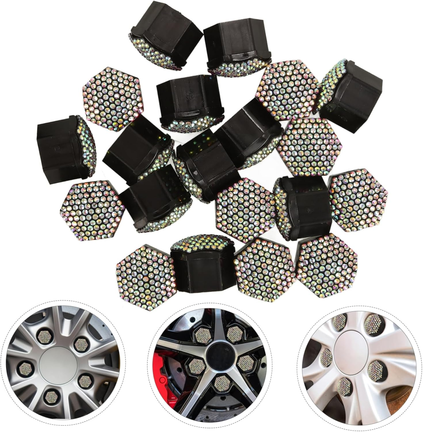 BELLIFFY Car Wheel Nut Caps Set 20Pcs with Rhinestone Decor, Universal Tire Bolt Covers for 17-Inch Wheels, Automotive Tyre Accessories for Women, Protective Lug Nut Dust Caps image number 1