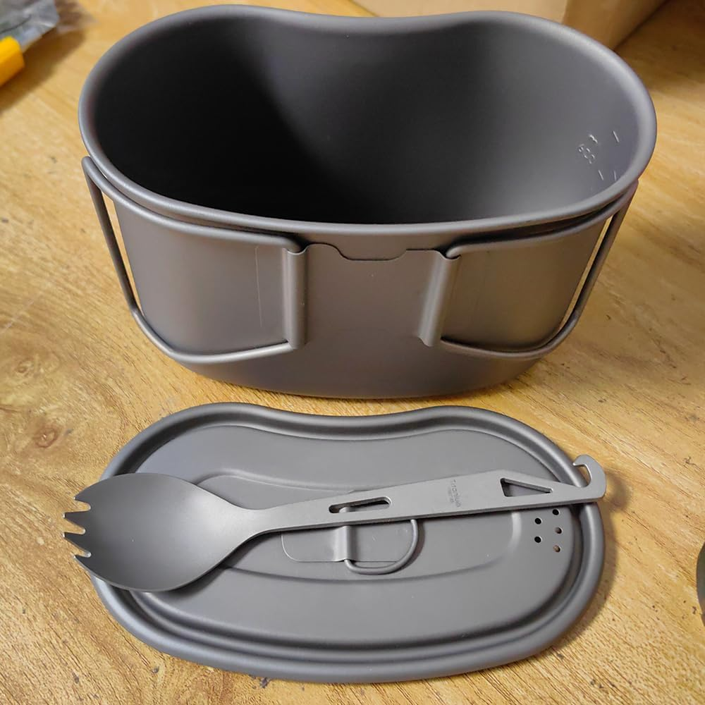 Titanium GI Cup and Titanium Spoon Combo, Camping Bowl 950Ml Lunch Box with Foldable Handle for Outdoor Camping Hiking Backpacking (Cup+Titanium Spork) - Cup+Titanium Spork image number 1