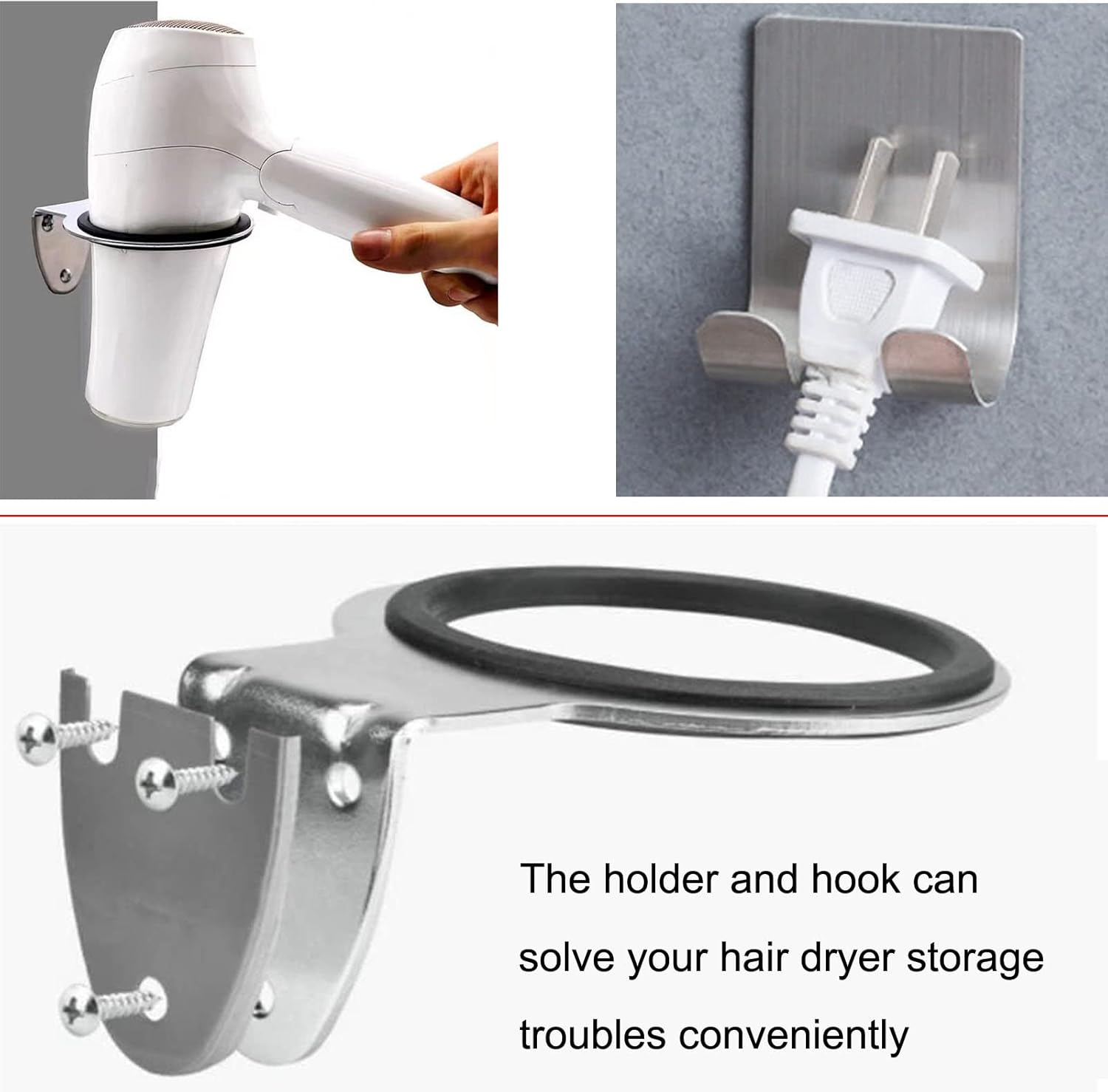 Winlauyet Set of 2 Stainless Steel Hair Dryer Holders, Hair Dryer Holder, Hair Dryer Holder with Self-Adhesive Razor Holder, Cable Holder, Hook (Set of 2) image number 4