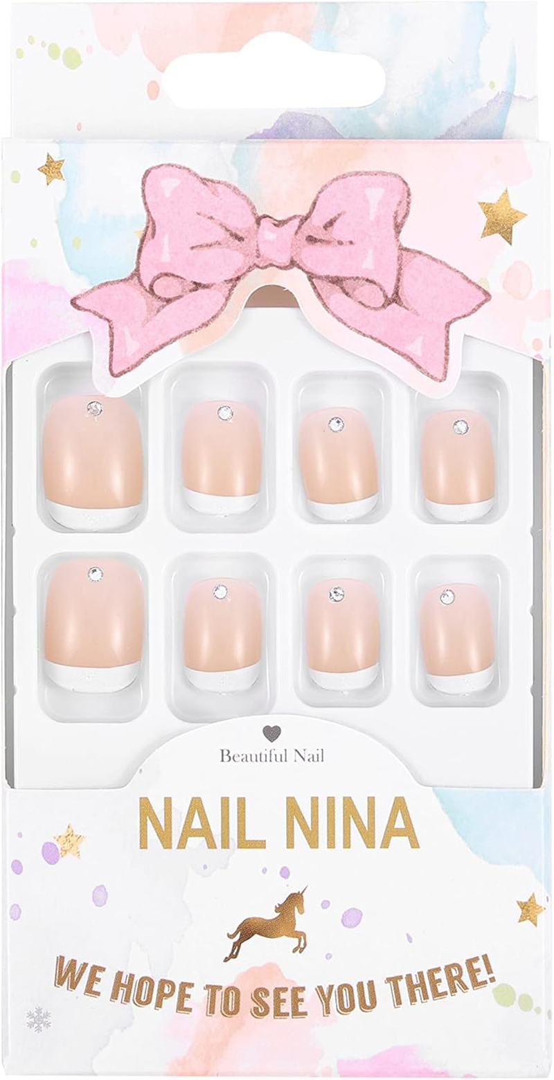 Sethexy Short Square Fake Nails French Ballerina Rhinestone False Nails Glossy Stick on Nails 24Pcs Acrylic Pink Press on Nail Tips image number 6