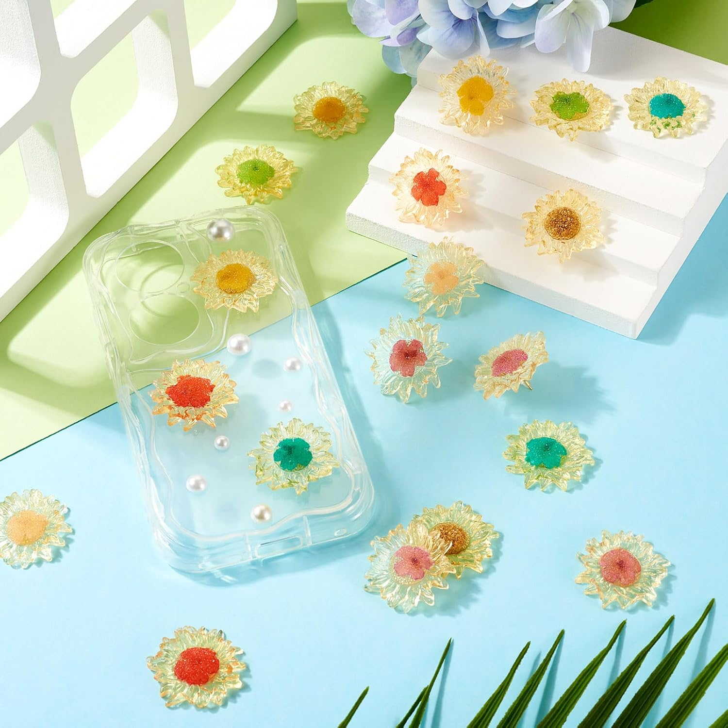 Crafans Sunflower Cabochons Resin Translucent Colorful Sunflower Daisy Cabochons Flat Flowers Embellishments for DIY Jewelry Making Scrapbooking 14Pcs - 7 Colors: Sunflower image number 2