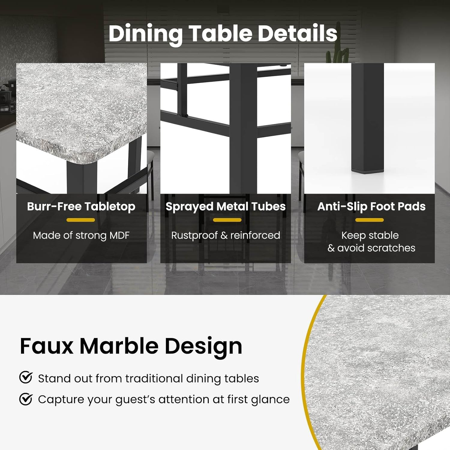 Costway 5-Piece Dining Table Set for 4, Space-Saving Kitchen Table Set with Faux Marble Design & Metal Frame, Dinner Table & Padded Chair Set for Dining Room image number 5