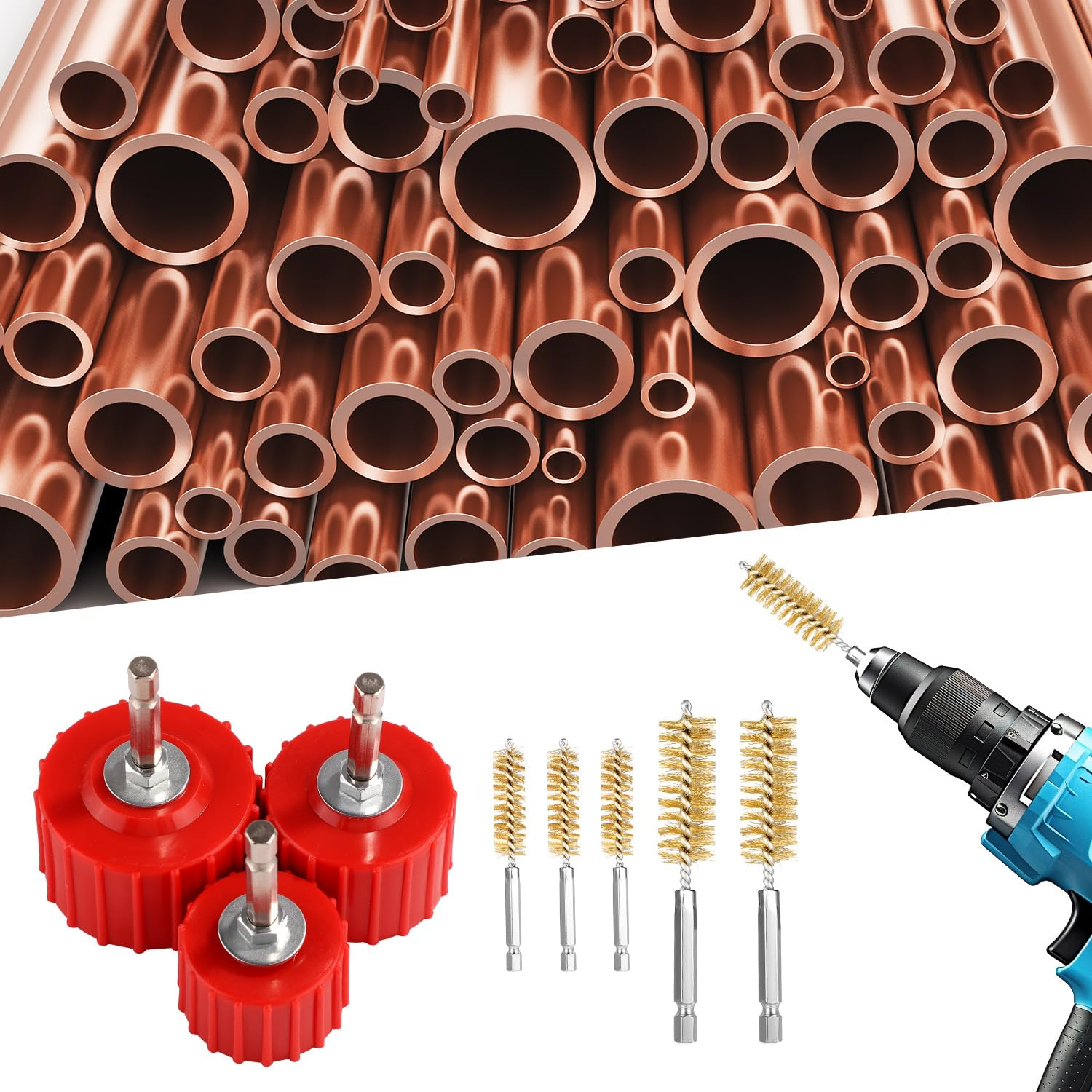 9Pcs Copper Pipe Cleaner Set for Power Drill, 3Pcs 1/2" 3/4" 1" Tube Cleaning Brushes & 6 Brass Wire Bore Brushes Metal Pipe Cleaner for Drill Copper Tubes and Fittings Soldering