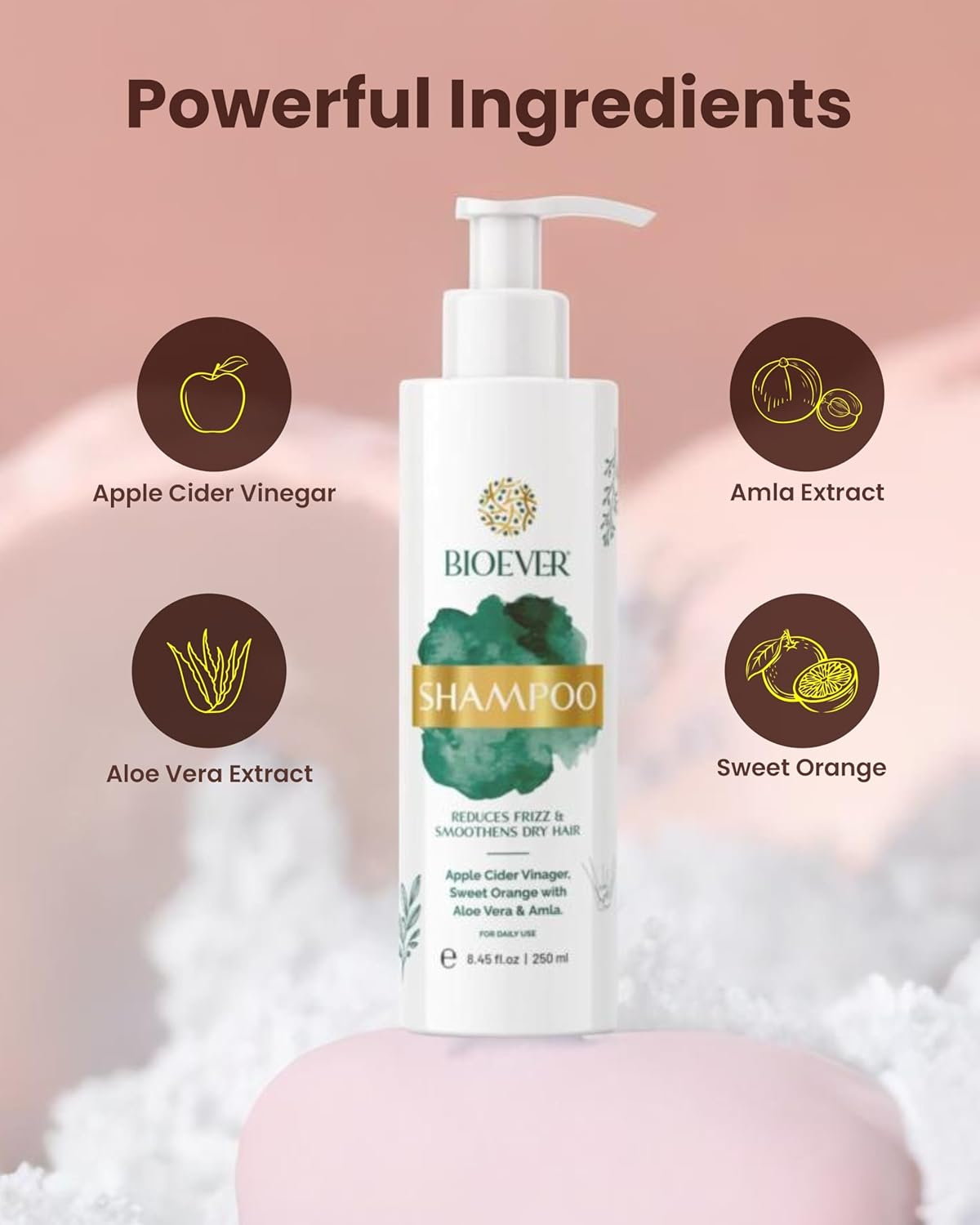 Bioever anti Hair Fall Shampoo 250Ml Apple Cider Vinegar Aloe Vera Amla,Manageable Frizz Free Hair Sulphate Free, Paraben Free for Men and Women Use Pack of 2Pc image number 1