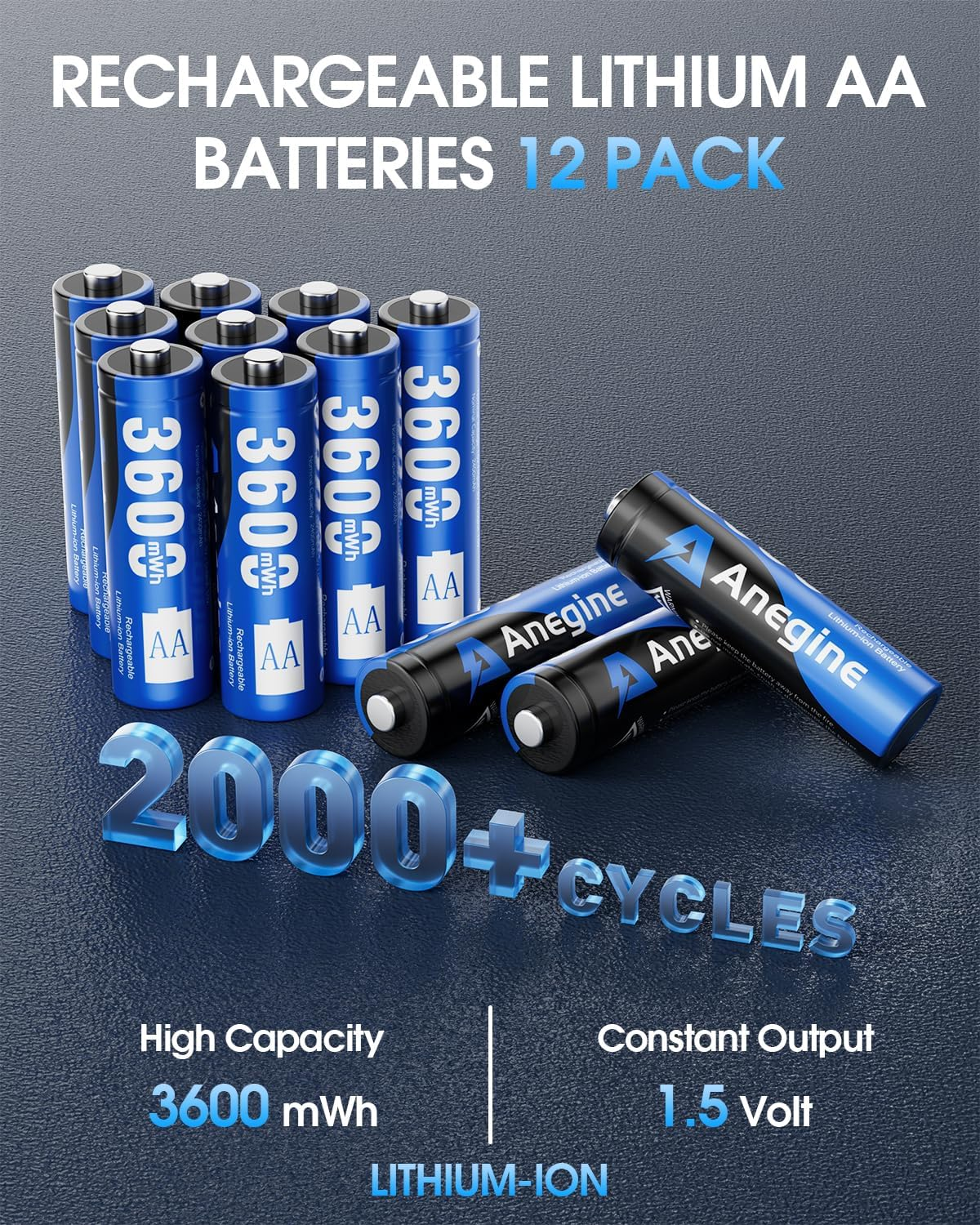 Rechargeable AA Batteries Lithium with Charger 12 Slot, 12 Pack 3600Mwh 1.5V Lithium Batteries AA Rechargeable, Long Lasting Double a Battery with 2000+ Cycles, Blue image number 5
