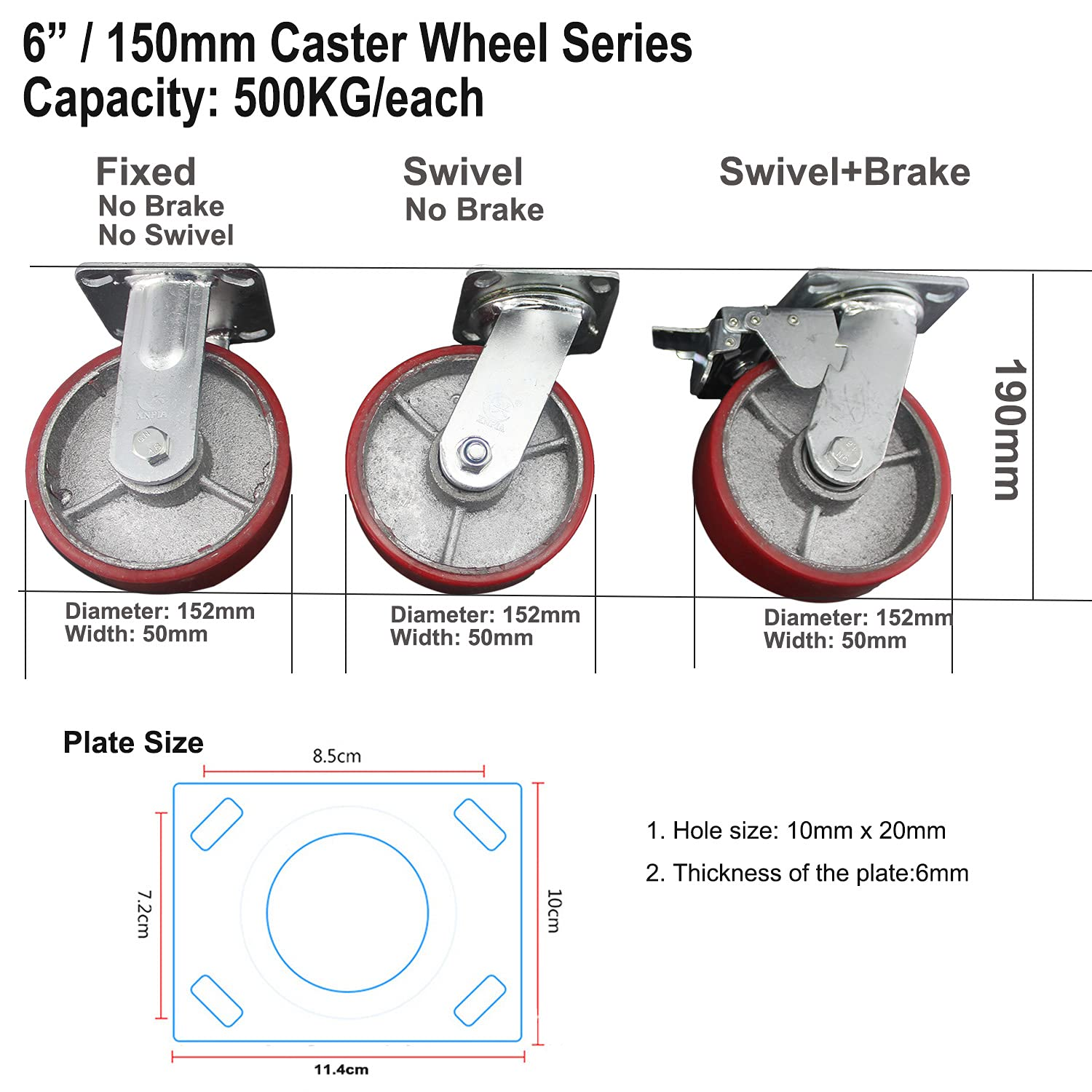 Riin 4Pcs 6Inch 15Cm Metal Caster Wheel Heavy Duty Swivel with Brake/Lock Industrial Castor 500Kg Ea for Trolley Furniture Equipment image number 3