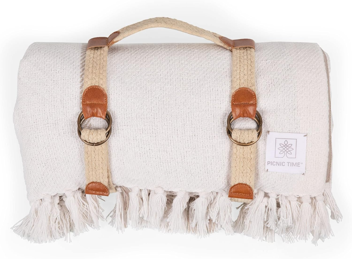 PICNIC TIME, Montecito Picnic, Outdoor, and Beach Blanket with Harness, Montecito Picnic, Outdoor, and Beach Blanket with Harness, One Size, White & Taupe Windowpane