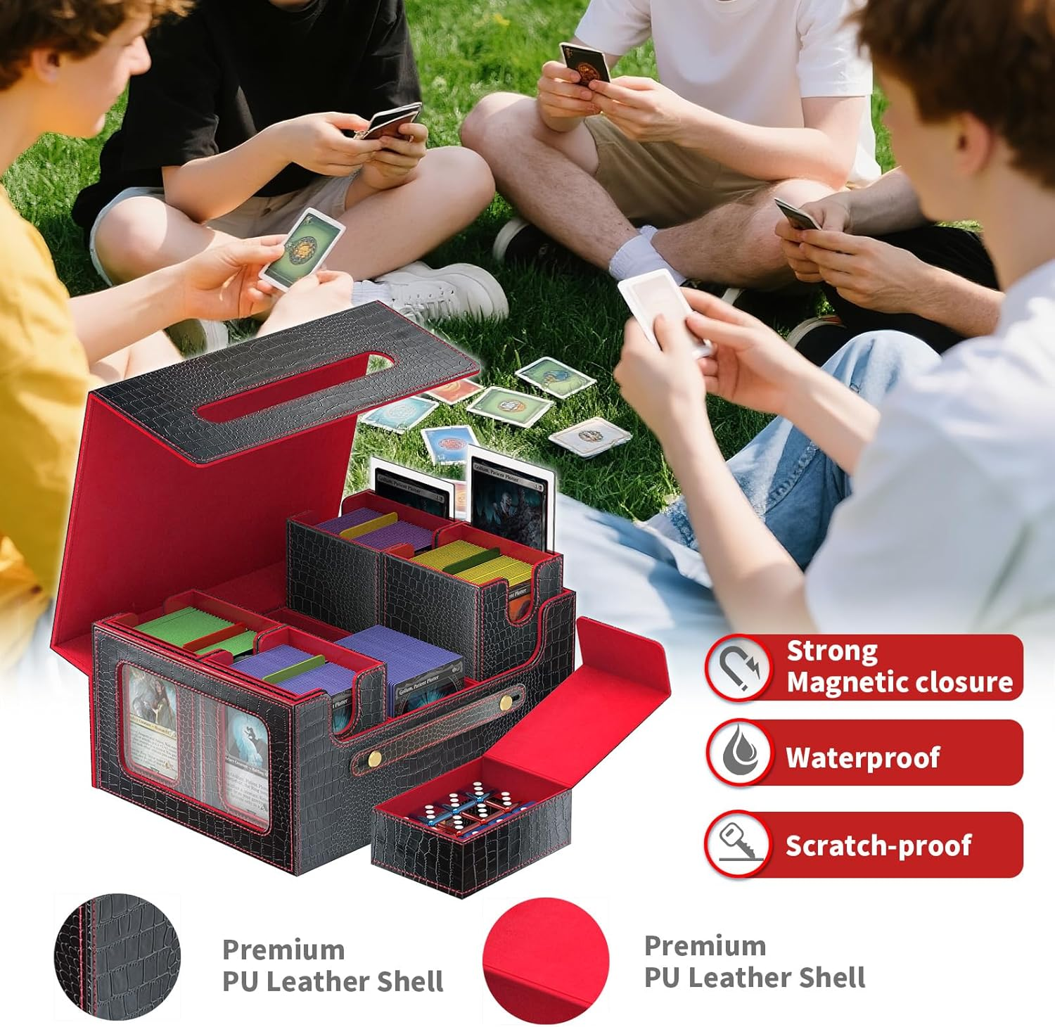 Cyperever Leather Trading Card Storage Box for MTG, Card Storage Box with Commander Deck Display, MTG Deck Box, TCG Sports Case, 4 Toploaders, 4 Stoppers, 10 Colorful Dividers (Black & Red) image number 2