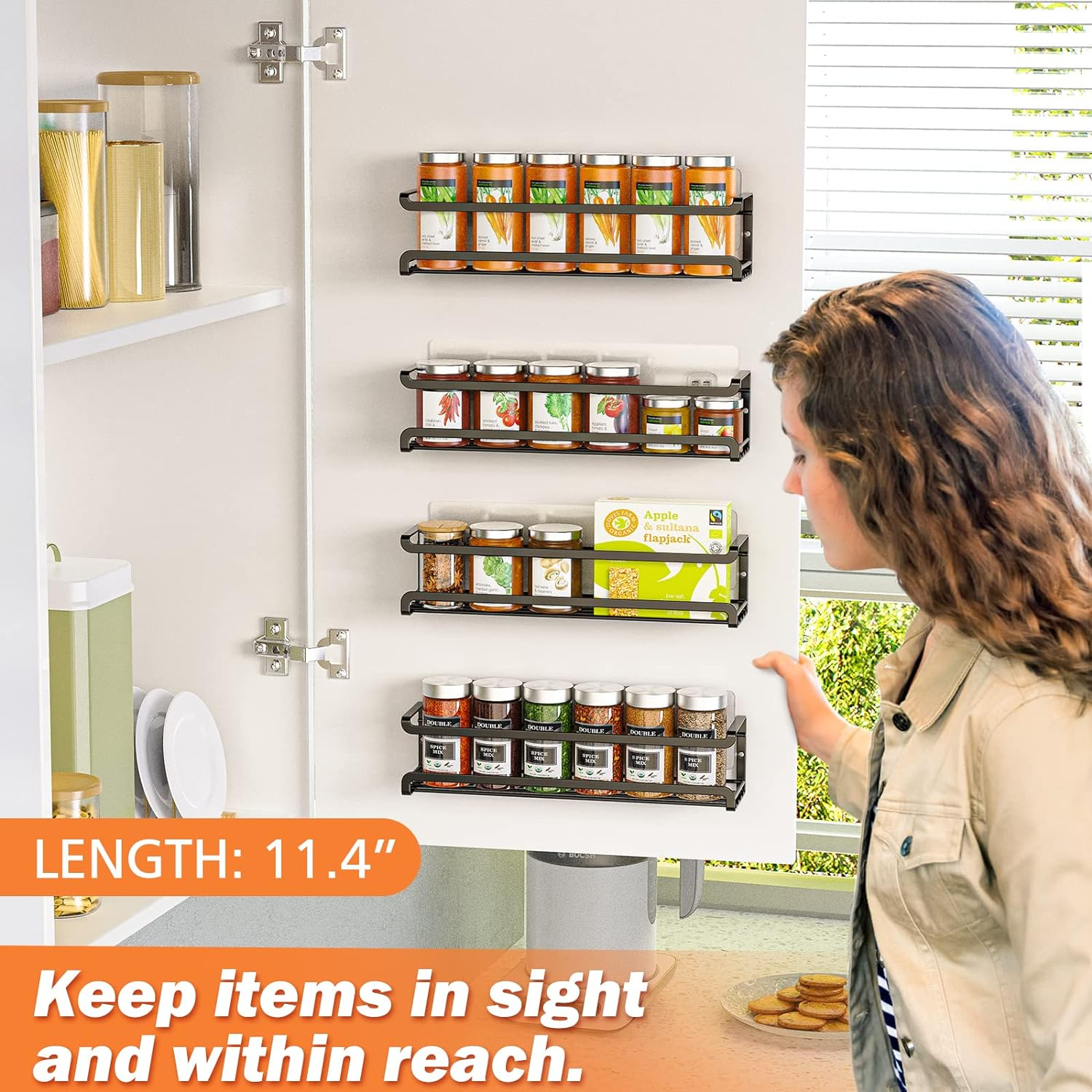Bunoxea Spice Rack Wall Mounted 4 Pack, Space-Saving Spice Organizer for Spice Jars and Seasonings,Screw or Adhesive Hanging Spice Rack Organizer for Your Kitchen Cabinet,Or Pantry Door