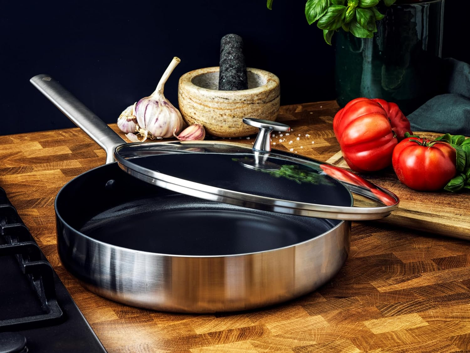 Blue Diamond Cookware Tri-Ply Stainless Steel Ceramic Nonstick 28Cm Skillet with Lid, Pfas-Free, Multi Clad, Induction, Dishwasher Safe, Oven Safe, Silver image number 5