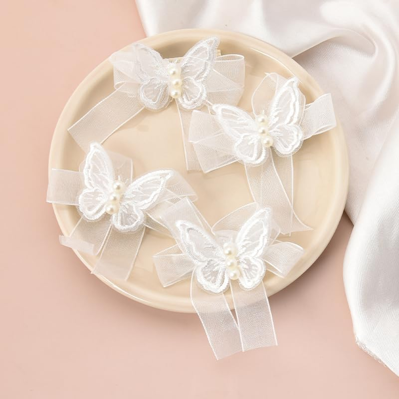 Small Butterfly Hair Clips for Women Girls - Mini Lace Bow Set White Tulle Hair Accessories - Flower Girl Hair Clips for Wedding - Decorative Pearl Bow Barrette 4 Pack image number 2