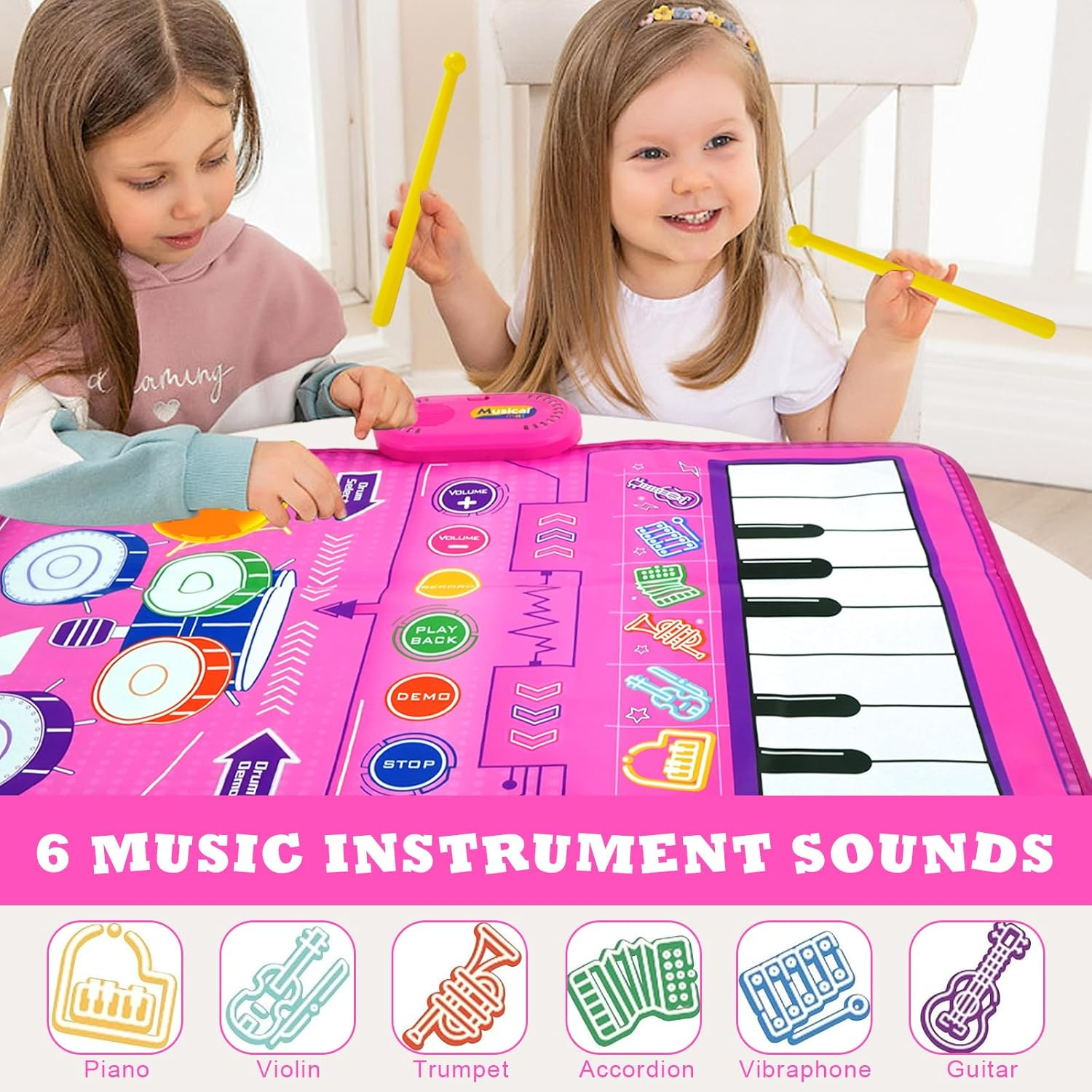 Musical Toys for Toddlers 3+ Piano Keyboard & Drum Mat, Music Sensory Play Mat Baby Toys for 3 Year Old Developmental Toddler Girl Toy Age 3+ Birthday Valentines Gifts for 3+ Year Old Girls Present image number 1