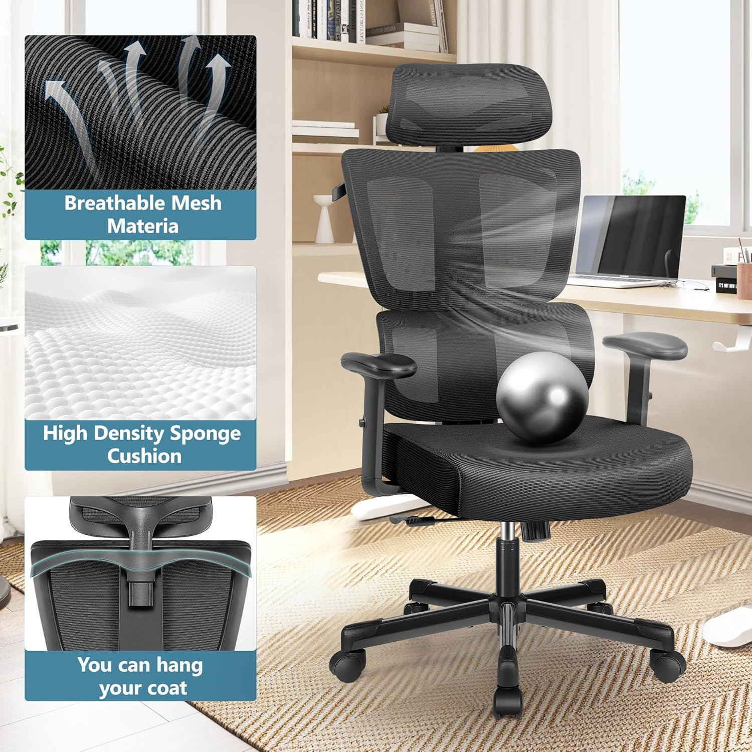 Primy Office Chair Ergonomic Desk Chair, High Back Breathable Mesh Office Chair with Lumbar Support Reclining Chair, Comfy Big and Tall Home Office Chair, Adjustable Armrests Computer Chair(Black)