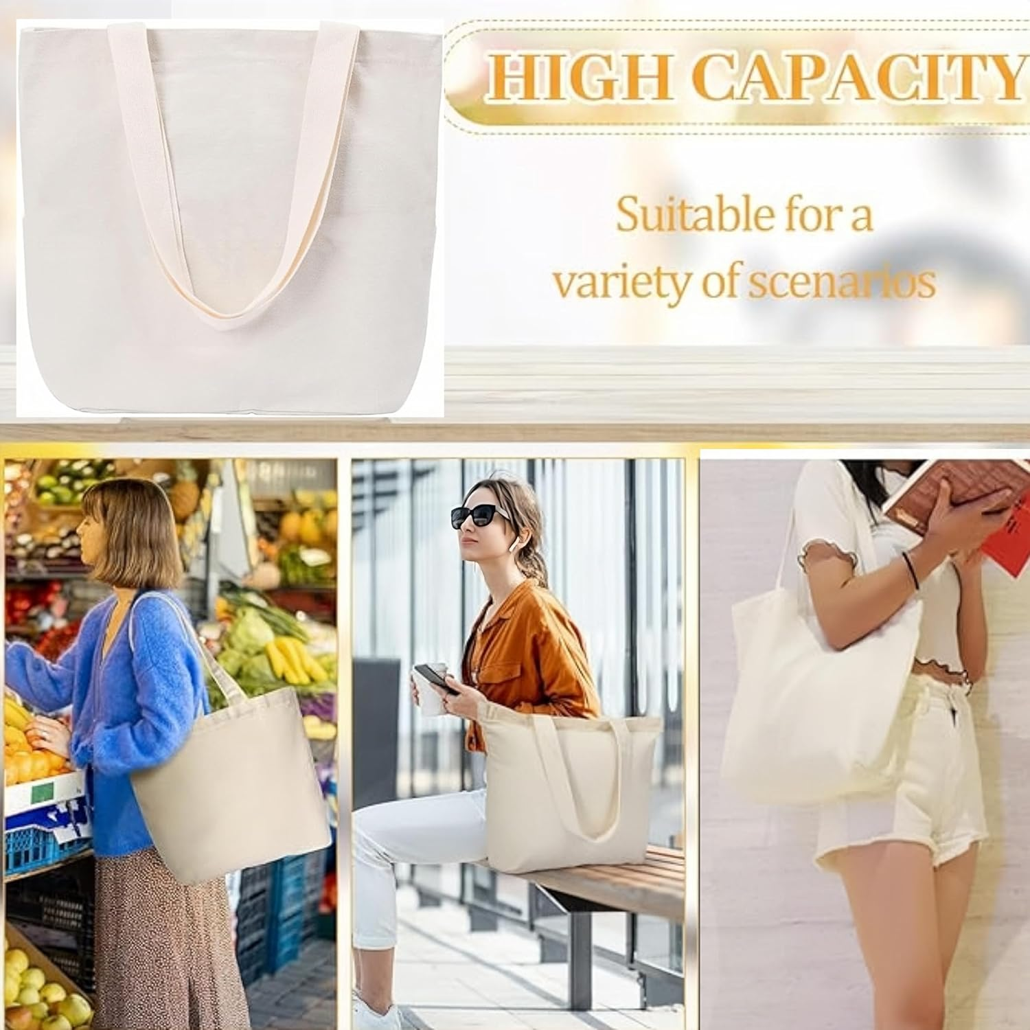 4 Pack Canvas Shopping Bags, Reusable Canvas Tote Bags, Large Shopping Bags, Lightweight and Washable, Multi-Purpose Blank Canvas Bags for Shopping, Grocery, DIY, Gift Bags, Etc. image number 5