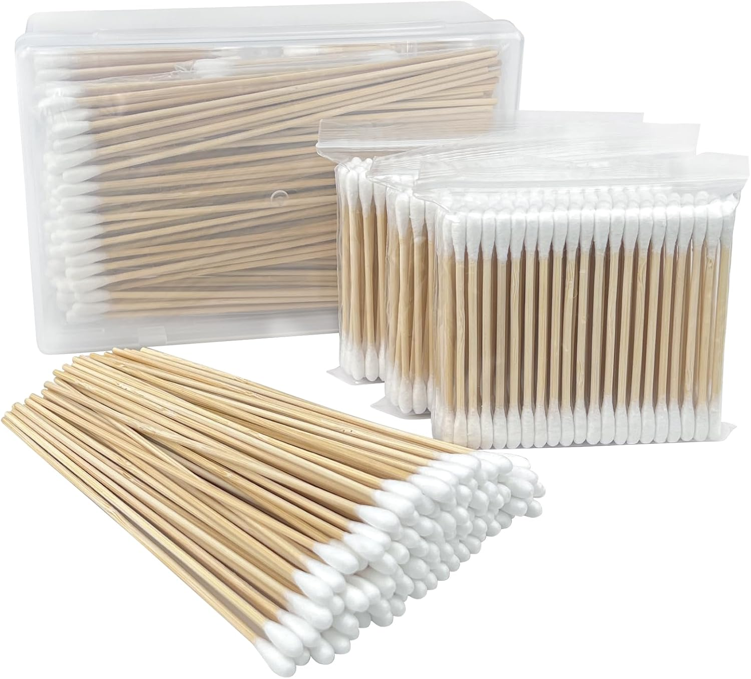 1000-Pack Bamboo Cotton Swabs Bulk (5X100 round + 5X100 Pointed Tips) - Biodegradable Double Ended Swabs for Gun Cleaning, Pet Ear Care, Makeup & Electronics - Hypoallergenic & Lint-Free