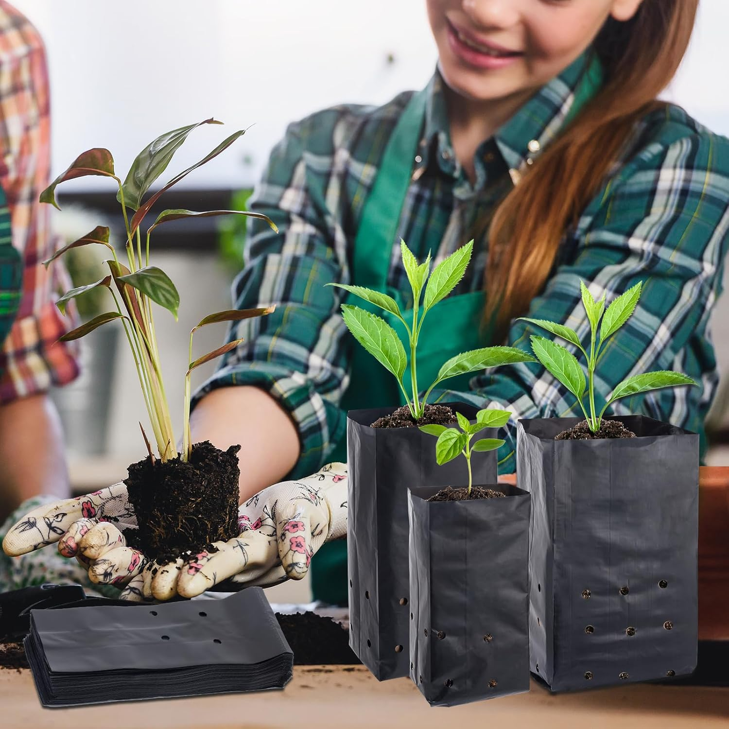 100 Pcs Nursery Growing Bags Seedling Starter Bags with 30 Plant Labels & 2 Mini Watering Sprinklers,Plant Grow Bags Plants Pots Plastic Pouches for Garden Trees,Flowers, Vegetable(7.5X3.8X2.6 Inch) image number 5