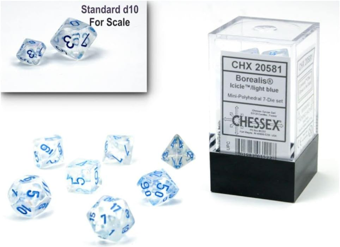 Chessex Mini Polyhedral 7D Borealis Luminary Style Dice Set, Icicle/Light Blue (7 Piece)