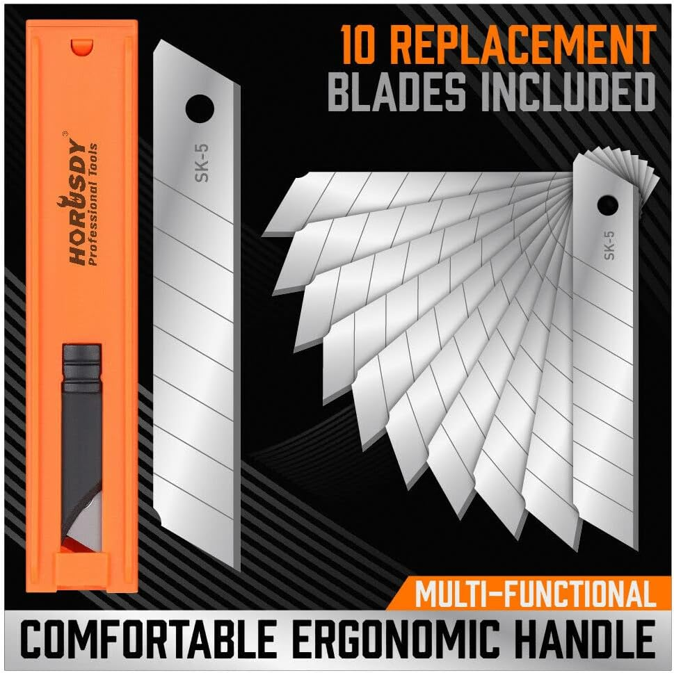 HORUSDY 12-Pack Box Cutters Retractable, 10-Pack SK-5 Extra Blades, Utility Knife Retractable for Boxes, Cartons, Cardboard Cutting, 18Mm for Office, Home, Arts Crafts, Hobby image number 1