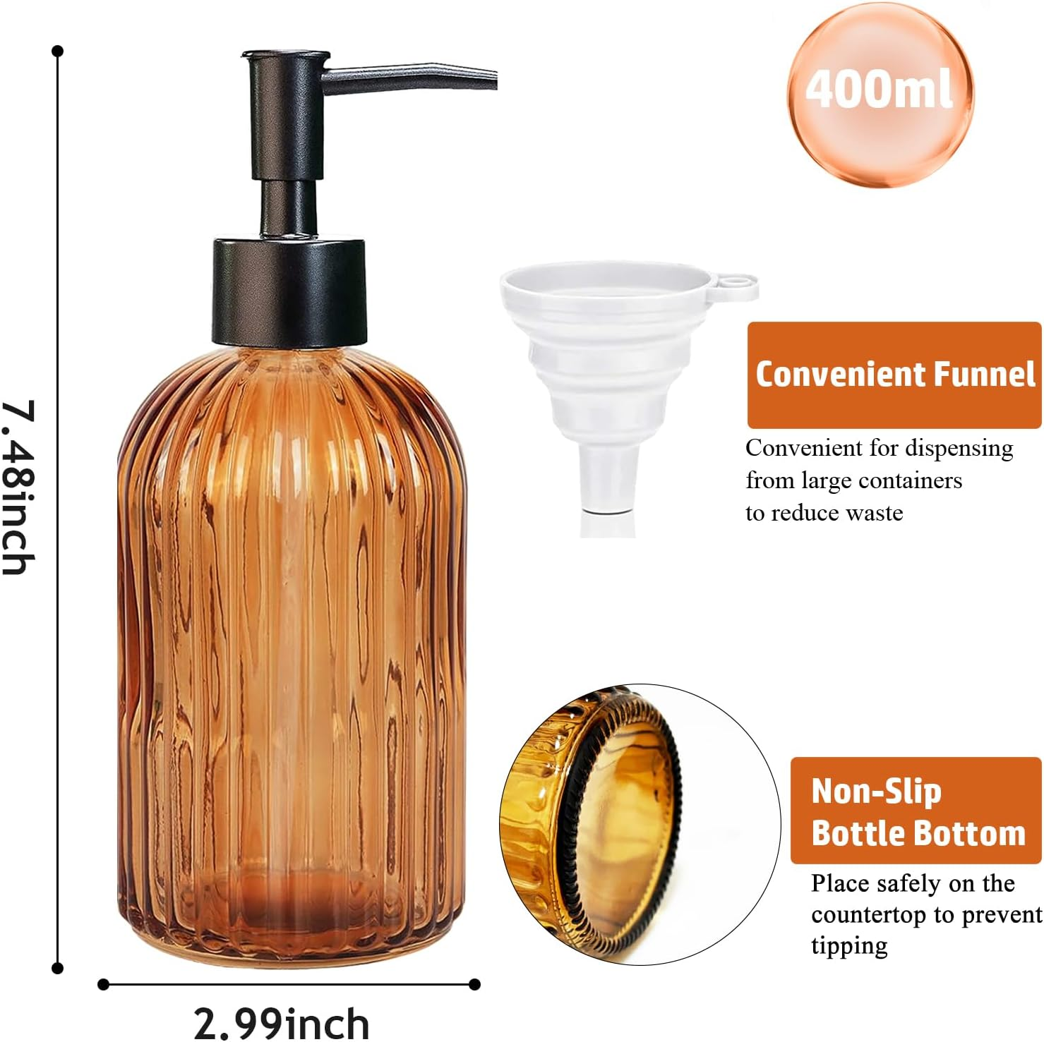 GKSCXEXE 400Ml Amber Glass Soap Dispenser with Plastic Pump & Funnel, Liquid Hand Wash Dispenser for Bathroom Kitchen, Refillable Pump Bottle Bottle for Hand Soap, Dish Soap, Shampoo, Lotions image number 4
