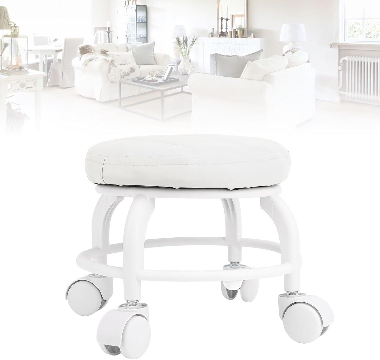 Pedicure Stool with Wheels, Garage Stool Mute Wheel Swivel, Short Stool on Wheels, Low Rolling Stool Chair for Home Office Garage Shop (White) image number 5