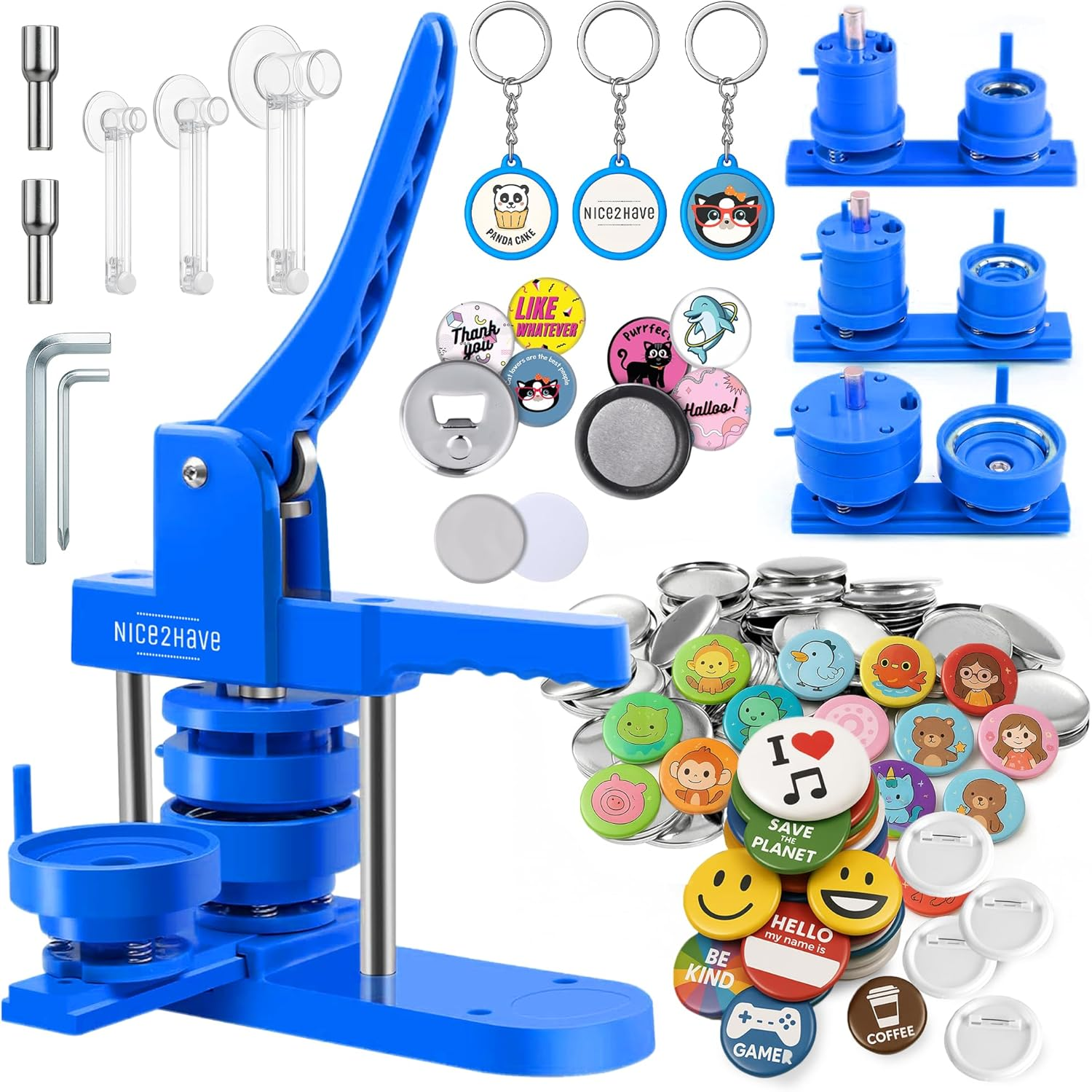 Nice2Have Button Maker Machine Multiple Sizes 25-32-58Mm - (500 Buttons,15 Bottle Openers,15 Fridge Magnets,15 Keychain Buttons, 500+ Free Designs,3 Circle Cutters) - Pin Maker Machine