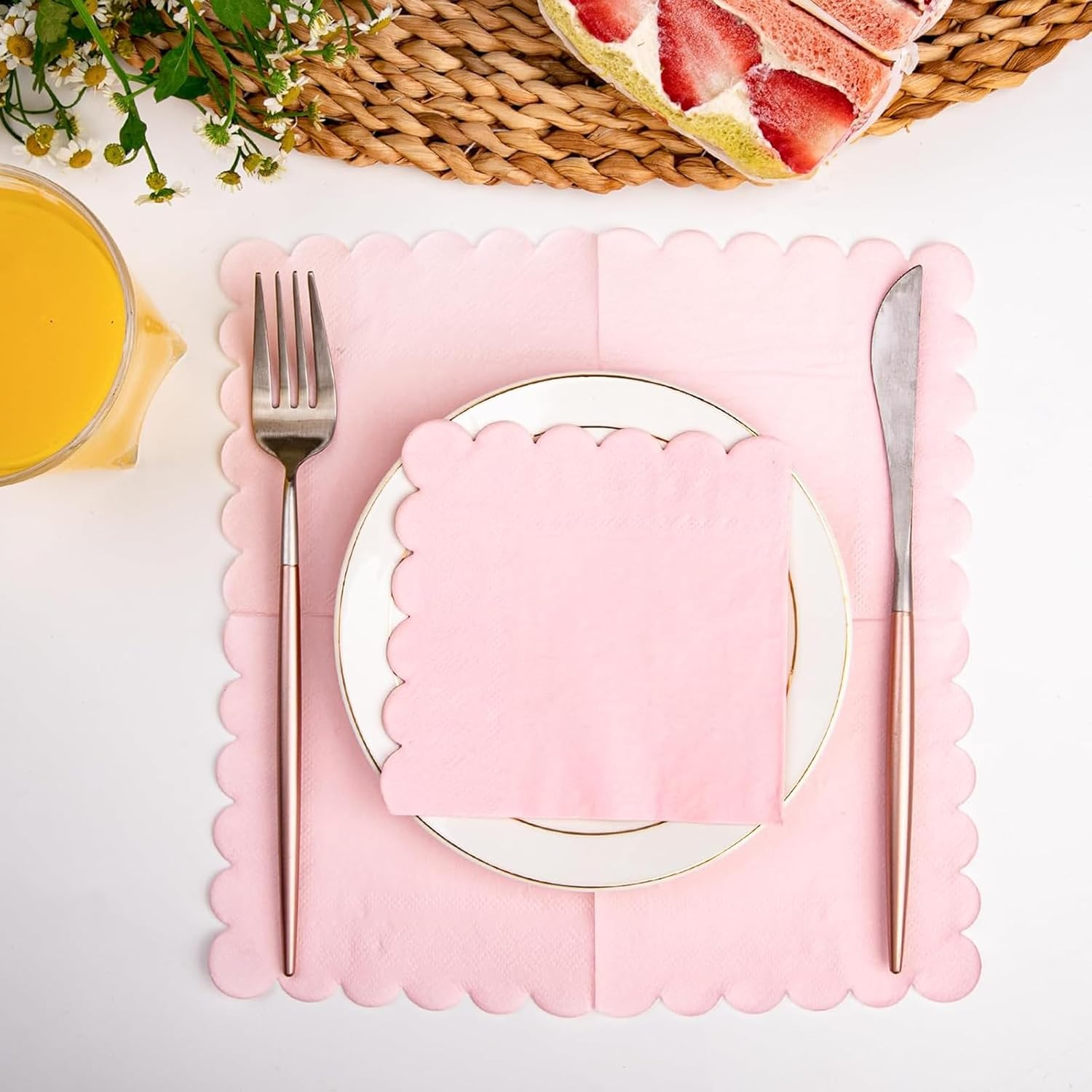 Weidllys 200 Pack Cocktail Napkin 2-Ply Scalloped Edged Dessert Napkins Folded 5 X 5 Inches Disposable Napkins for Dinner Wedding Birthday Party Bridal Anniversary Reception Event (Pink) image number 1
