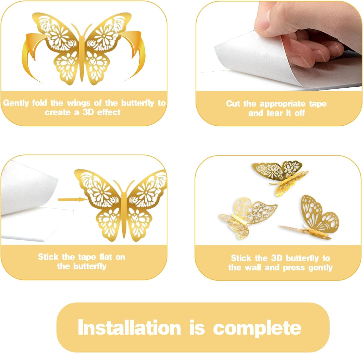 72PCS 3D Butterfly Wall Decorative Stickers 3 Sizes 3 Styles Butterfly Party Decorations Removable Birthday Decorations DIY Gifts Suitable for Girls Bedroom Living Room Study Bathroom (Gold) image number 5