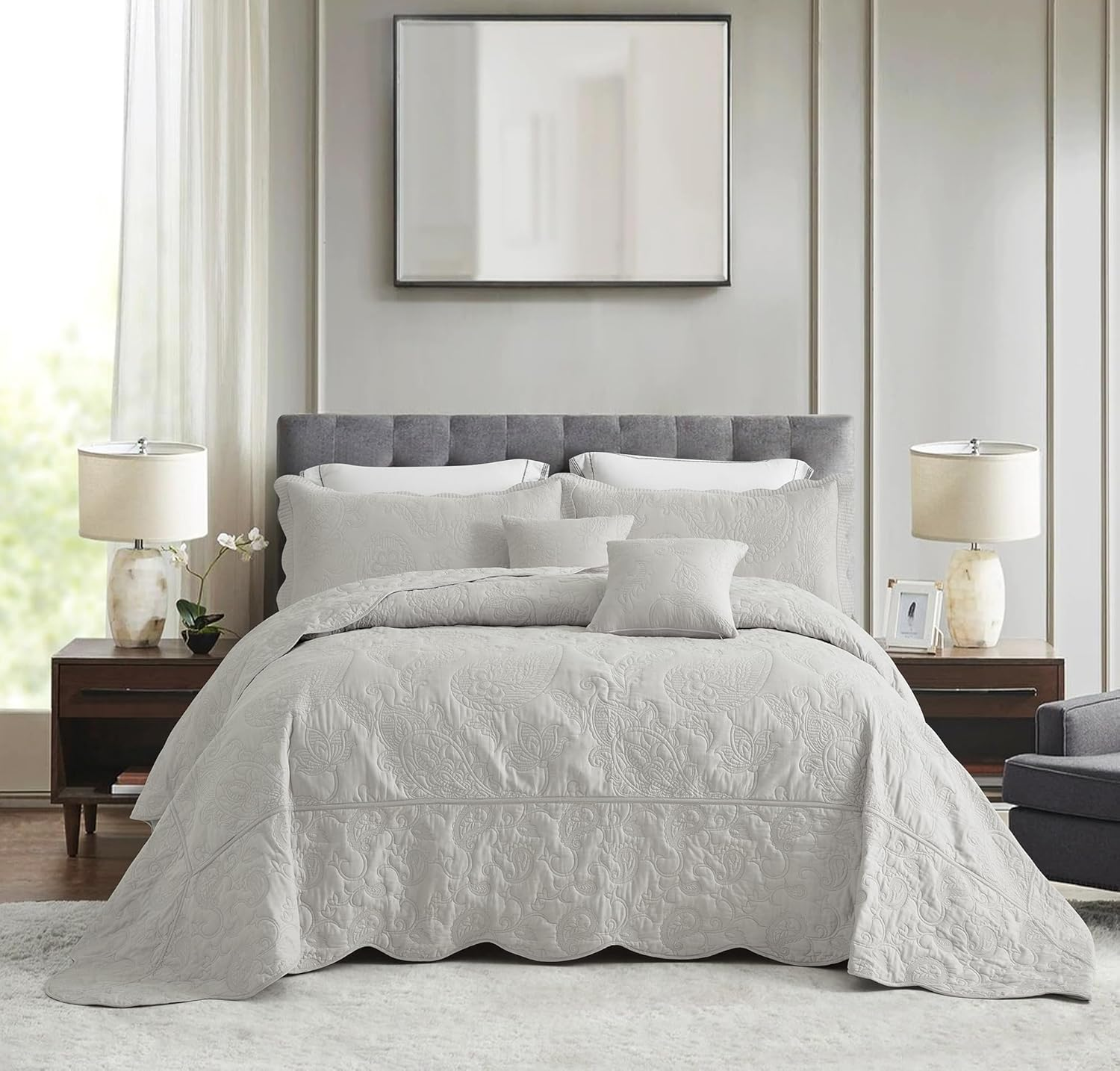 Blythease Oversized Queen Bedspread Cotton, Reversible Paisley Pattern Design, Lightweight Bedding Cover, 4 Piece Set - Queen, Pure White