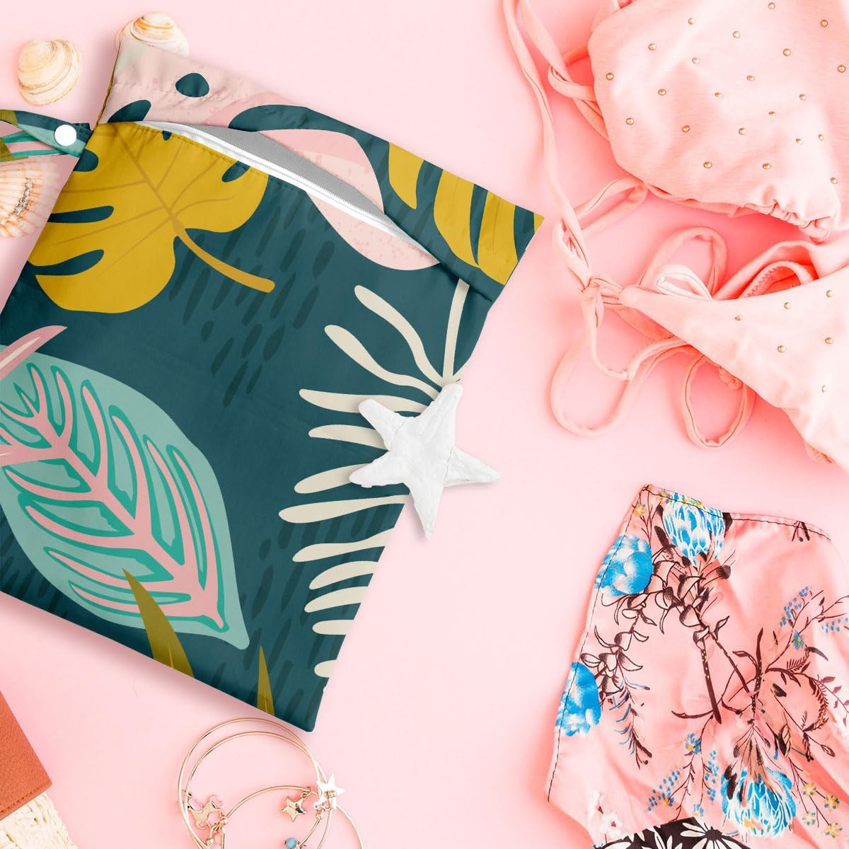 Wet Bag, Wet Dry Bag, Wet Bag for Swimsuit, Travel, Beach, Pool, Diapers, Dirty Yoga Gym Clothes, Makeup Bag, Waterproof Tropical Palm Leaves Decor Jungle Palm Leaf Favors - Girls Trip - Orange image number 5