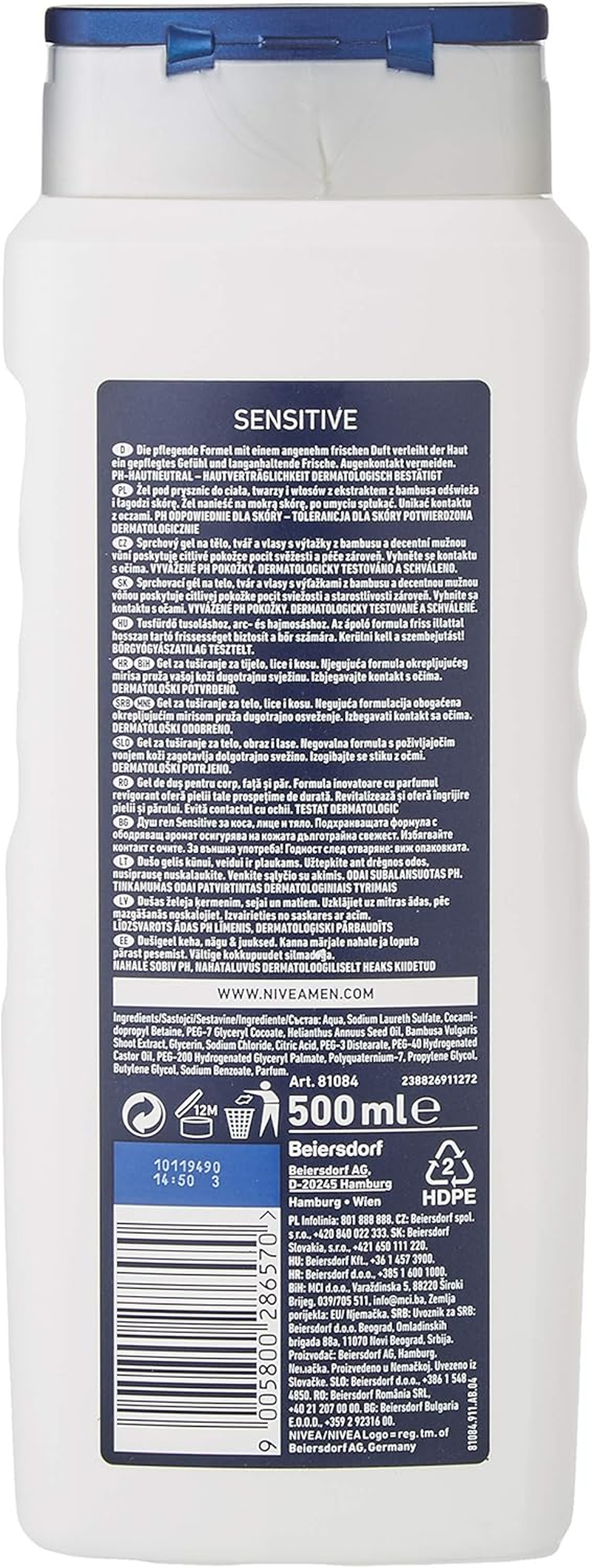 NIVEA Men Sensitive Shower Gel (500 Ml), Refreshing and Nourishing Shower Gel with Bamboo Milk, Moisturising Shower for Sensitive Men'S image number 1