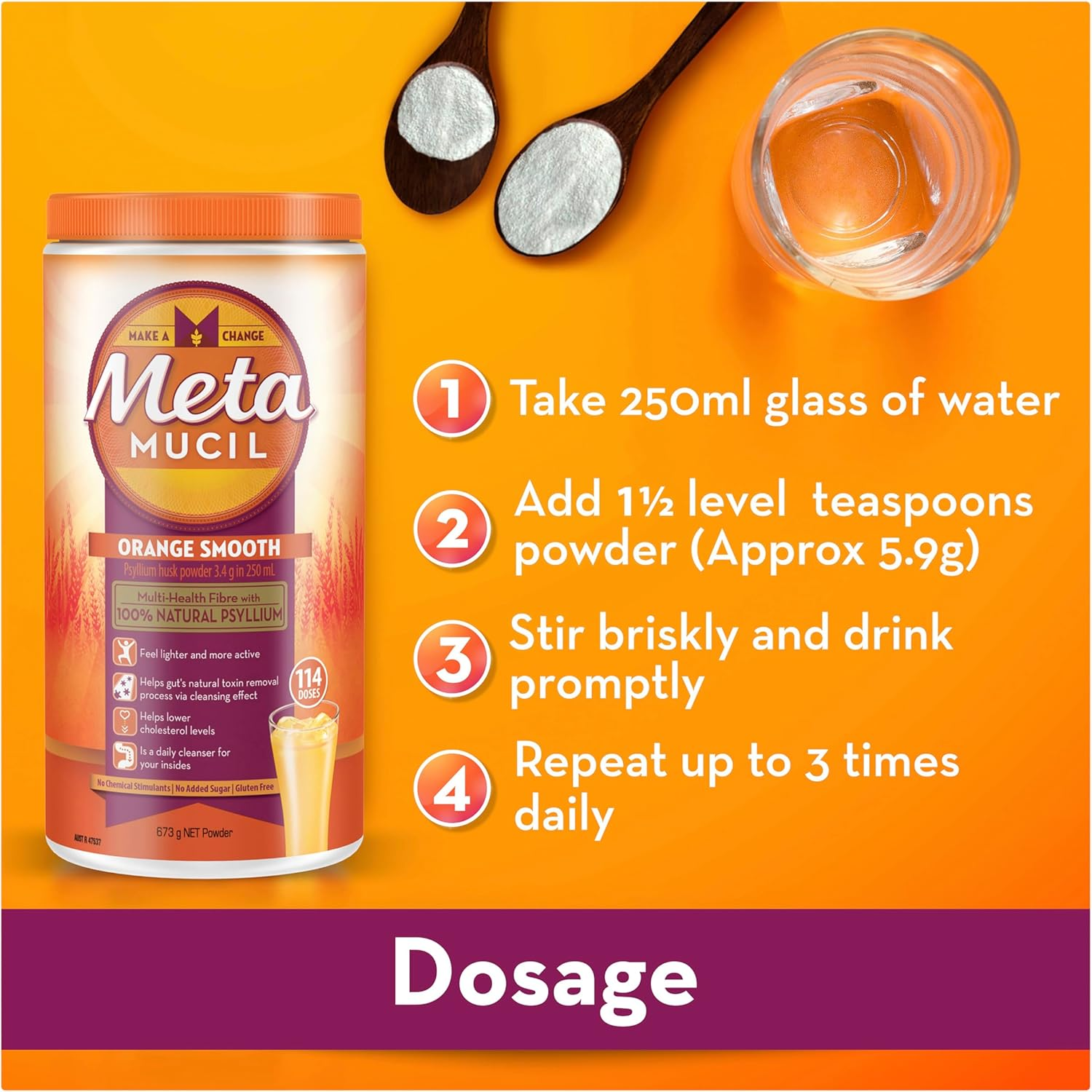 Metamucil Daily Fibre Supplement Smooth Orange, 114 Doses, 673G image number 4