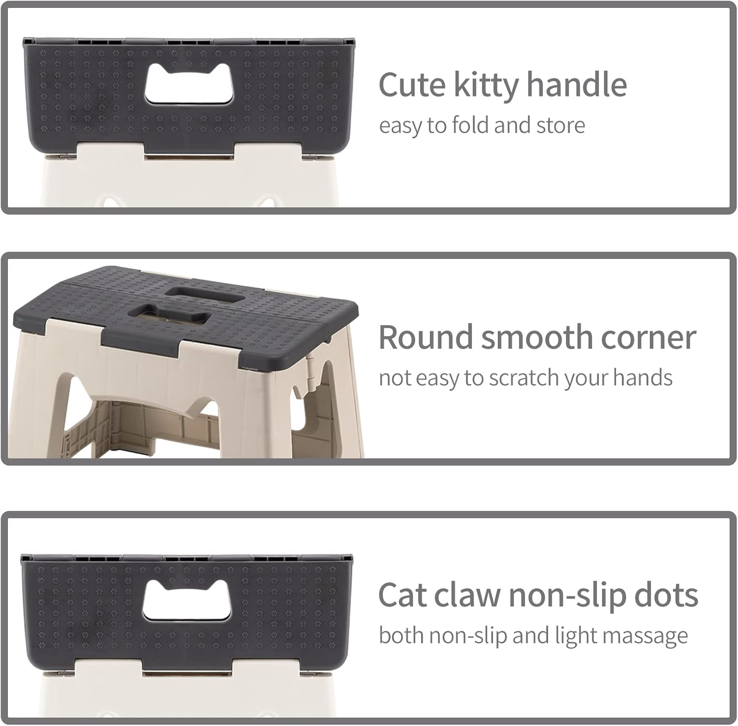 Kitty Folding Stool, 9 Inches, Non-Slip Folding Step Stool,Great for Kitchen, Bathroom, Bedroom, Kids or Adults (Khaki) (Gray)