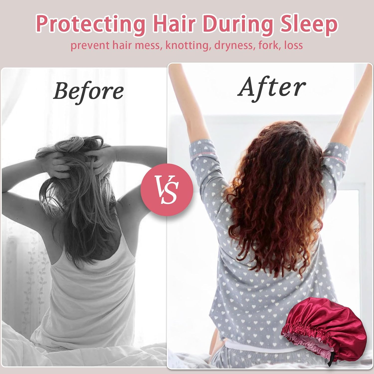 Euqvunn 2Pcs Satin Hair Bonnet, Hair Bonnet for Sleeping Adjustable with Wide Elastic Band, Two Color Double-Sided, Suitable for Night Sleep, Long/Straight/Curly Hair Protection (Black Red) image number 2