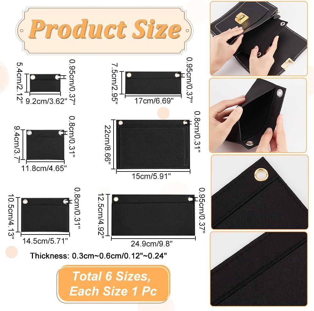 WADORN 6 Sizes Purse Conversion Organizer Insert, Felt Handbag Organizer Inner Pocket Wallet Clutch Conversion Kit with Eyelet Pochette Accessory, Black - Black image number 5
