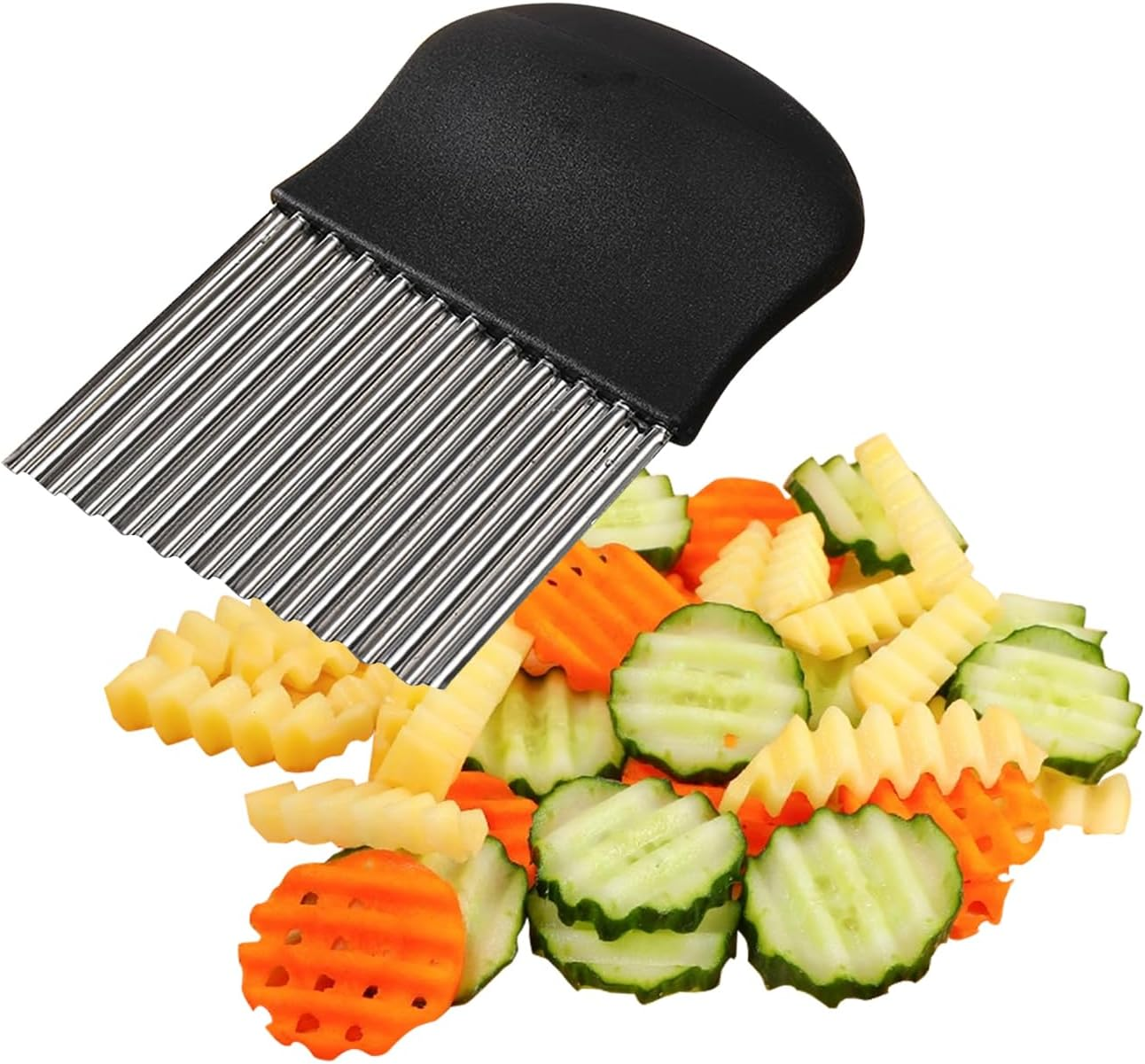 EKIND Crinkle Cutter Stainless Steel Wavy Blade Potato Chopper Vegetable Slicer for Fries Chips Carrots Cucumbers Fruit Home Kitchen Tool (Black)