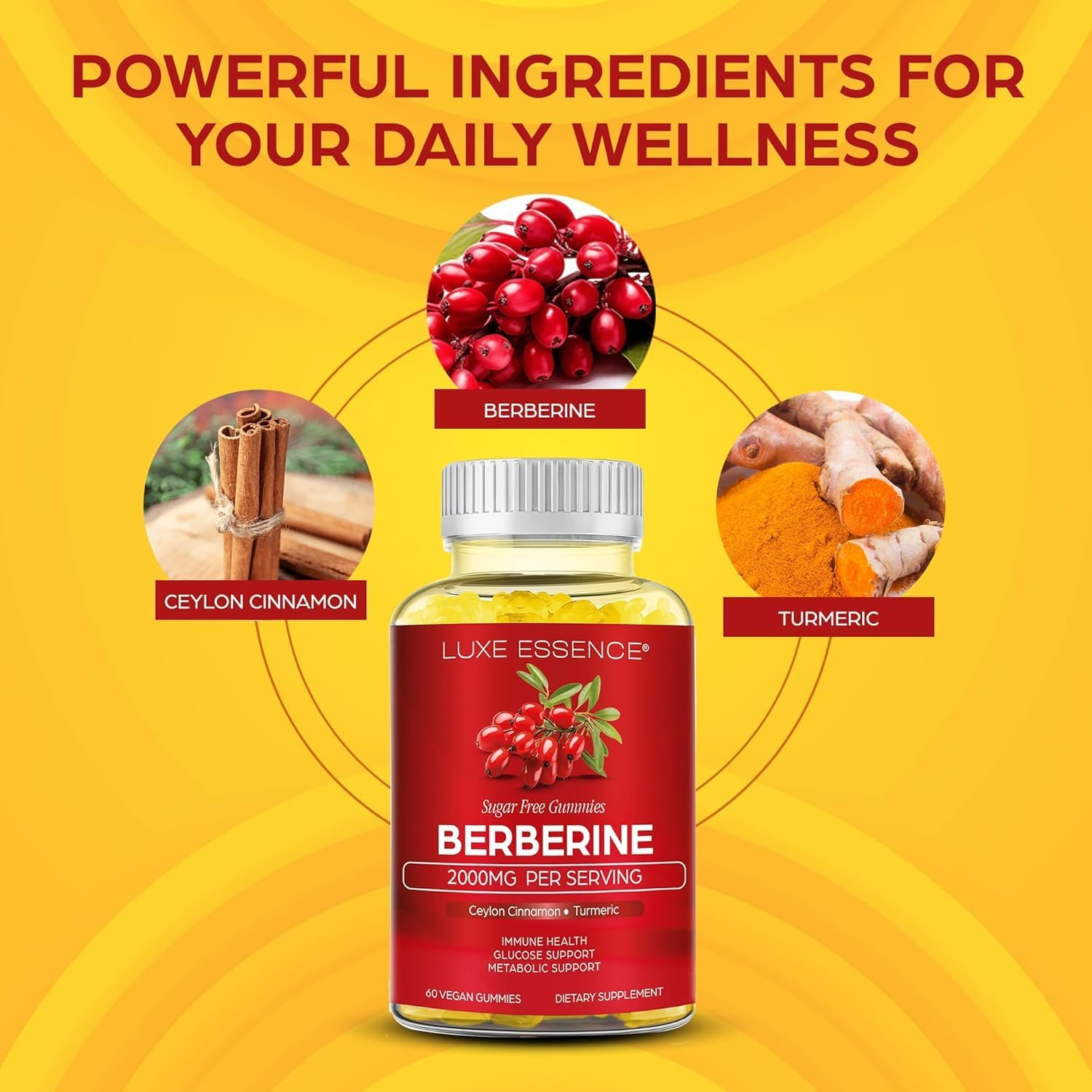 Berberine Gummies with Ceylon Cinnamon & Turmeric | 2000Mg Berberine HCI Supplement for Digestive Health & Support of Healthy Glucose Metabolism | Vegan, Sugar-Free, Pineapple Flavour | 60 Gummies image number 1