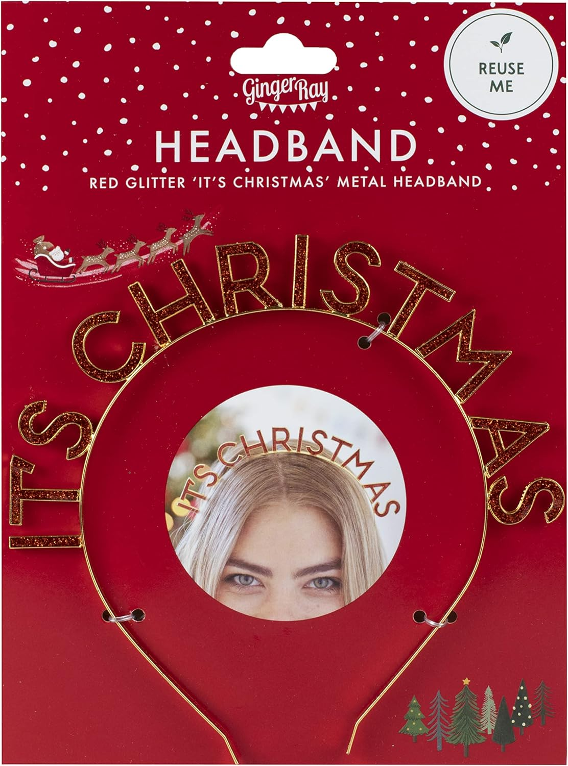 Ginger Ray Its Christmas Metal Red Glitter & Gold Headband Hair, Accessory