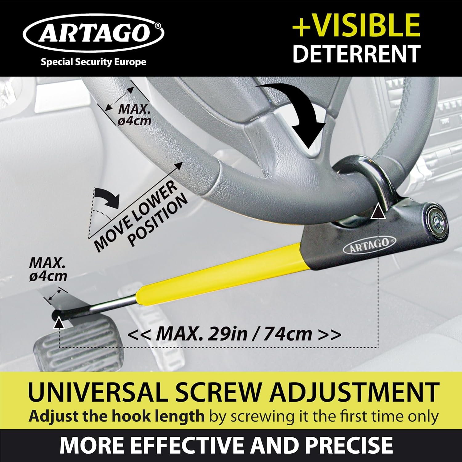 ARTAGO 871 High-End Steering Wheel Brake Pedal Lock, Stronger Rocking Locking, Easy Hook System, High Security Anti-Drill Lock, Universal Clutch anti Theft Bar Lock Device for Car Truck Van, Camper