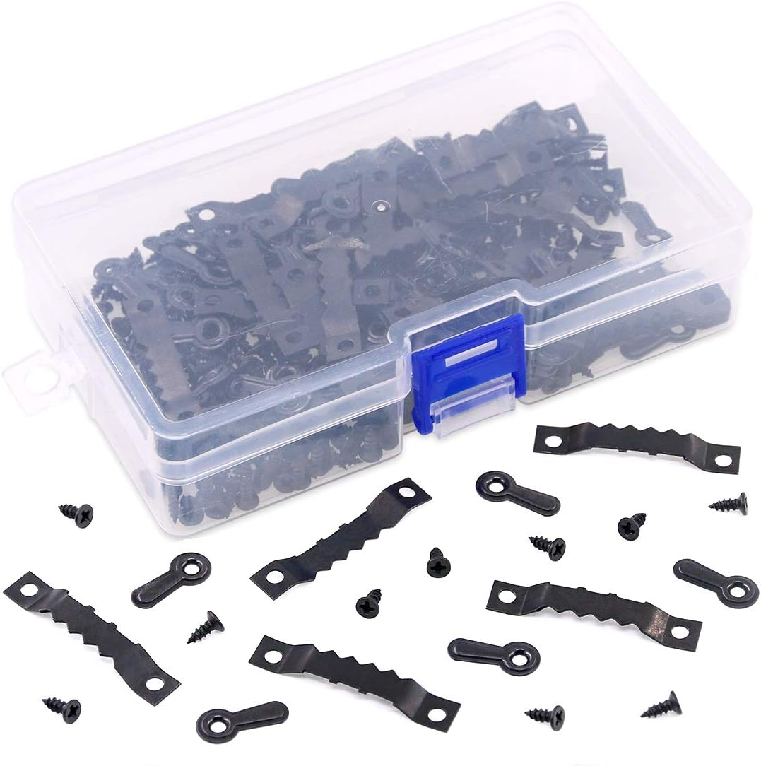 Swpeet 160Pcs Picture Hangers Kit Including 80Pcs Sawtooth Picture Frame Hanging Hangers Double Hole and 80Pcs Photo Frame Turn Button with Screws Perfect for Home Decoration - Black image number 2