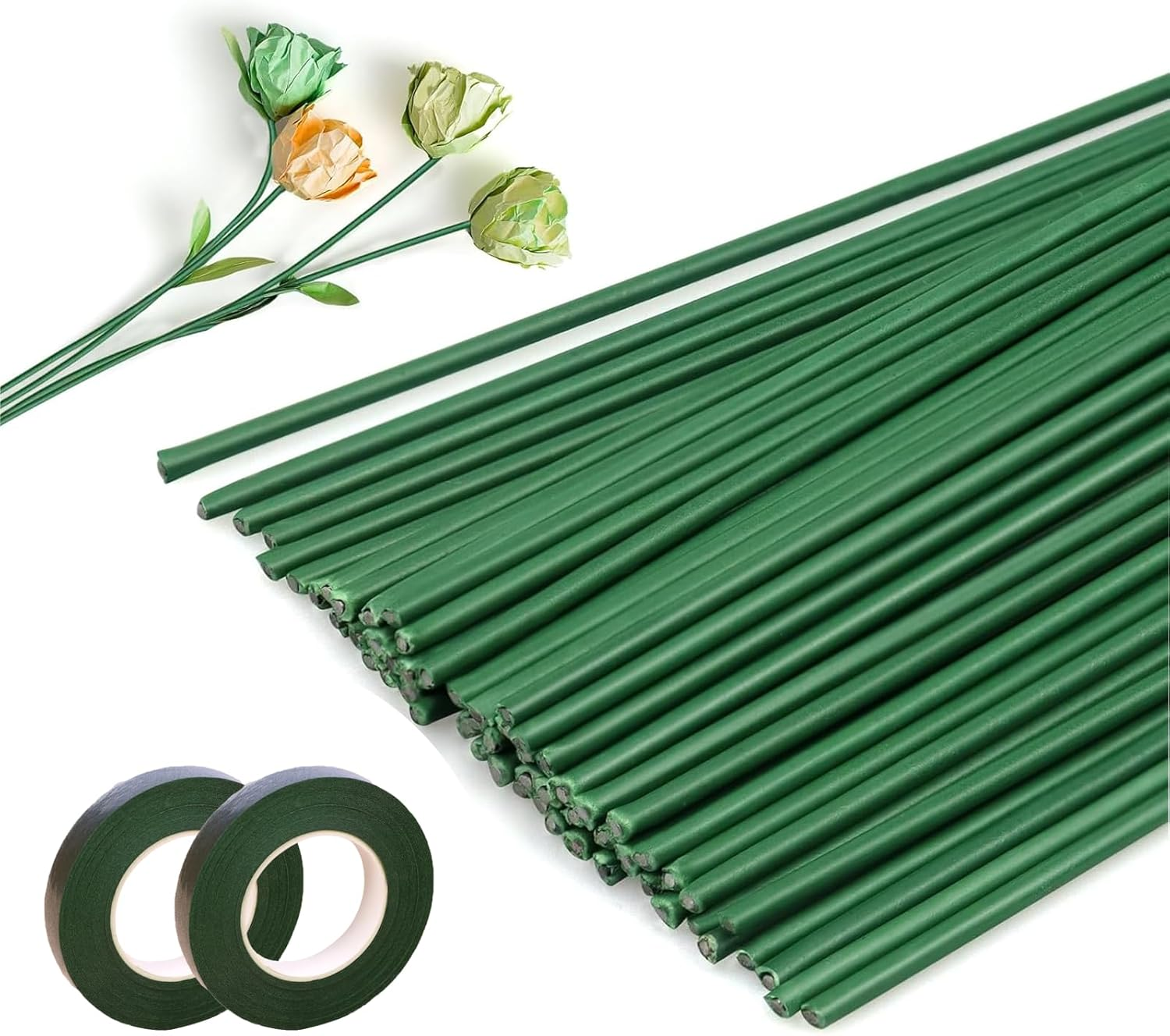JOWILIN 100 Pcs 40Cm 2 Gauge Dark Green Floral Stems Wire with 2 Rolls Floral Tape, 2Mm Crafting Flower Plastic Wrap Stem for Artificial Flowers Making, DIY Crafts Bouquets, Climbing Plants Support image number 1