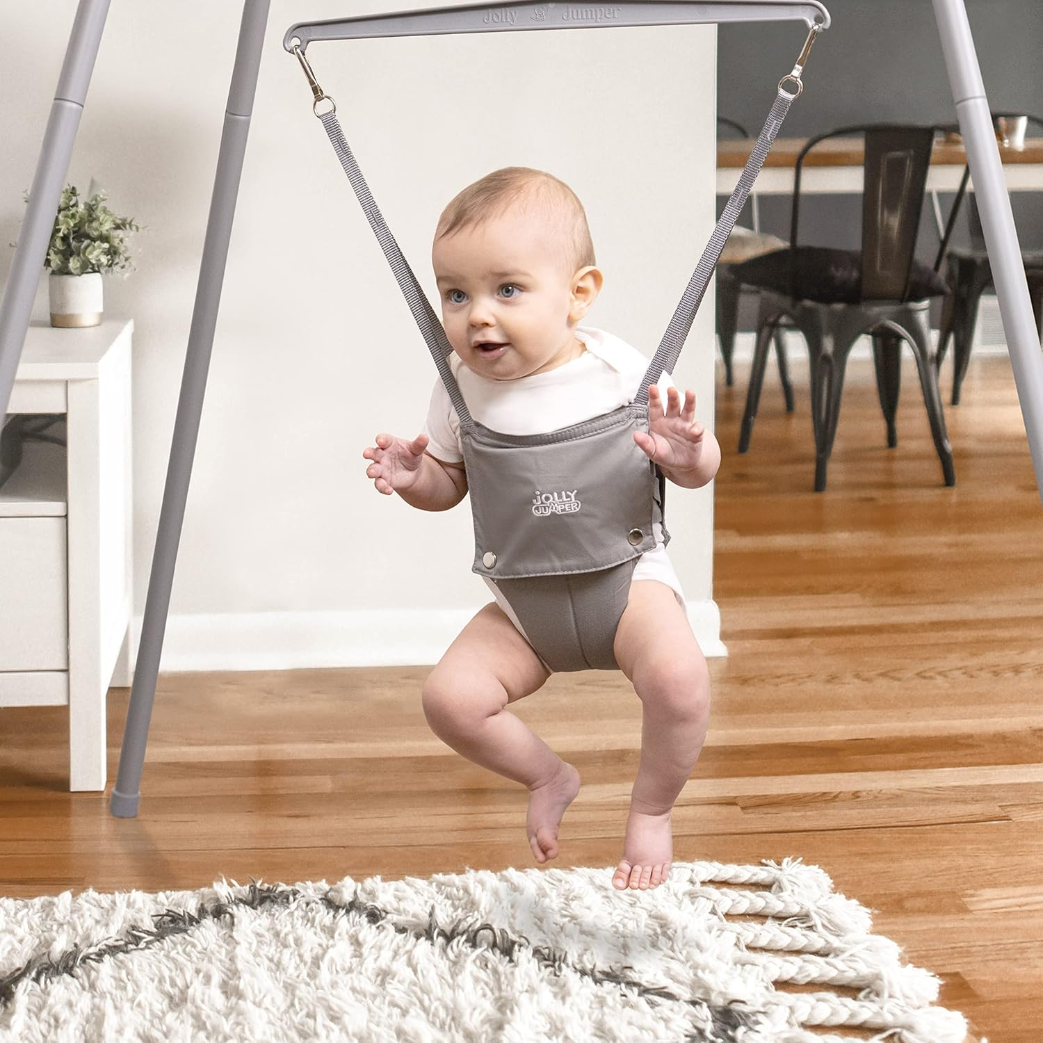 Jolly Jumper *Elite* Safari Print Saddle-The Original Jolly Jumper with Stand. Trusted by Parents to Provide Fun for Babies and to Create Cherished Memories for Families for over 75 Years, Grey Safari image number 3