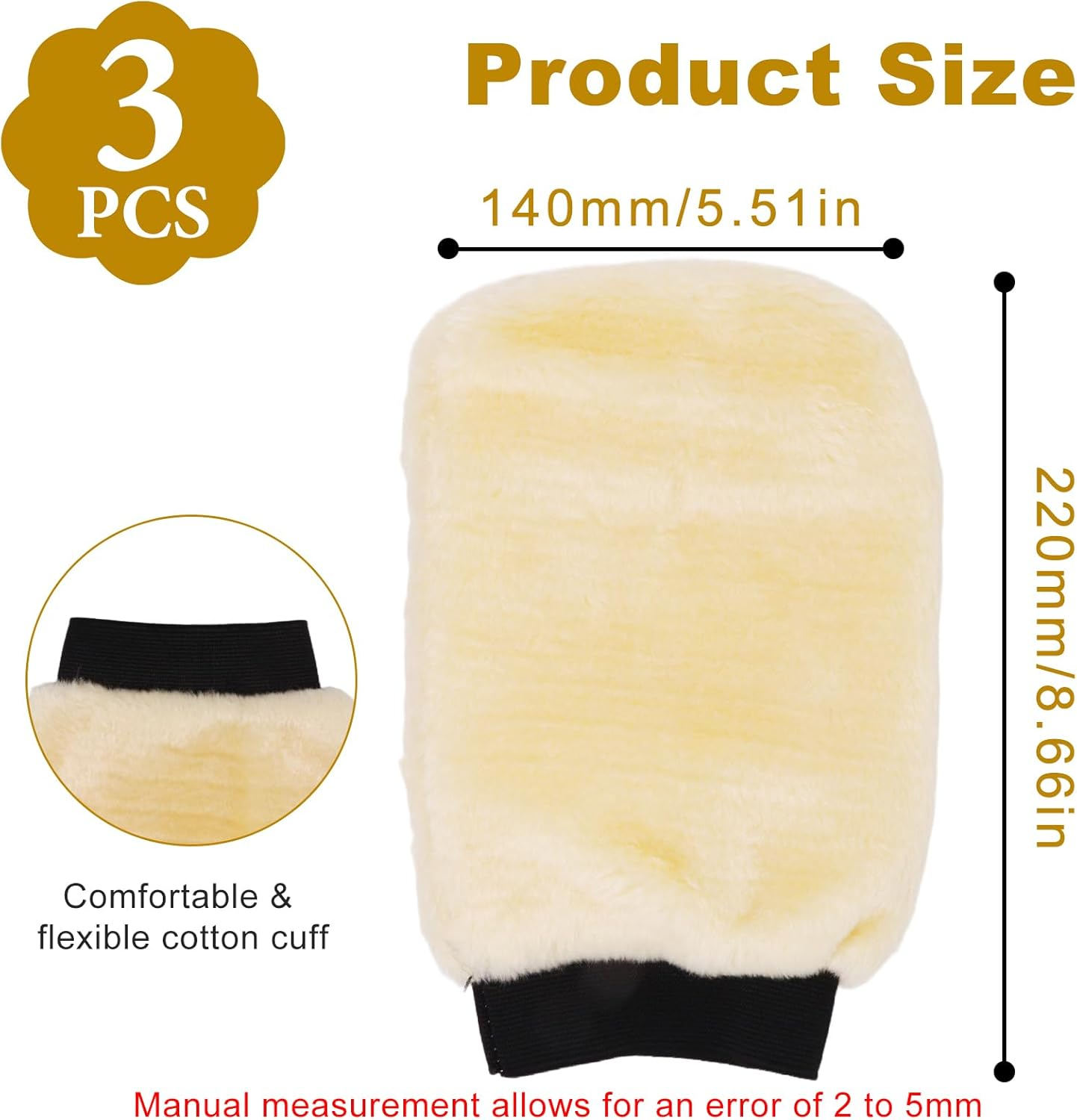 N&D Benliu Natural Wool Car Wash Mitt Scratch-Free Sheepskin Wash Mitt 3 Pcs