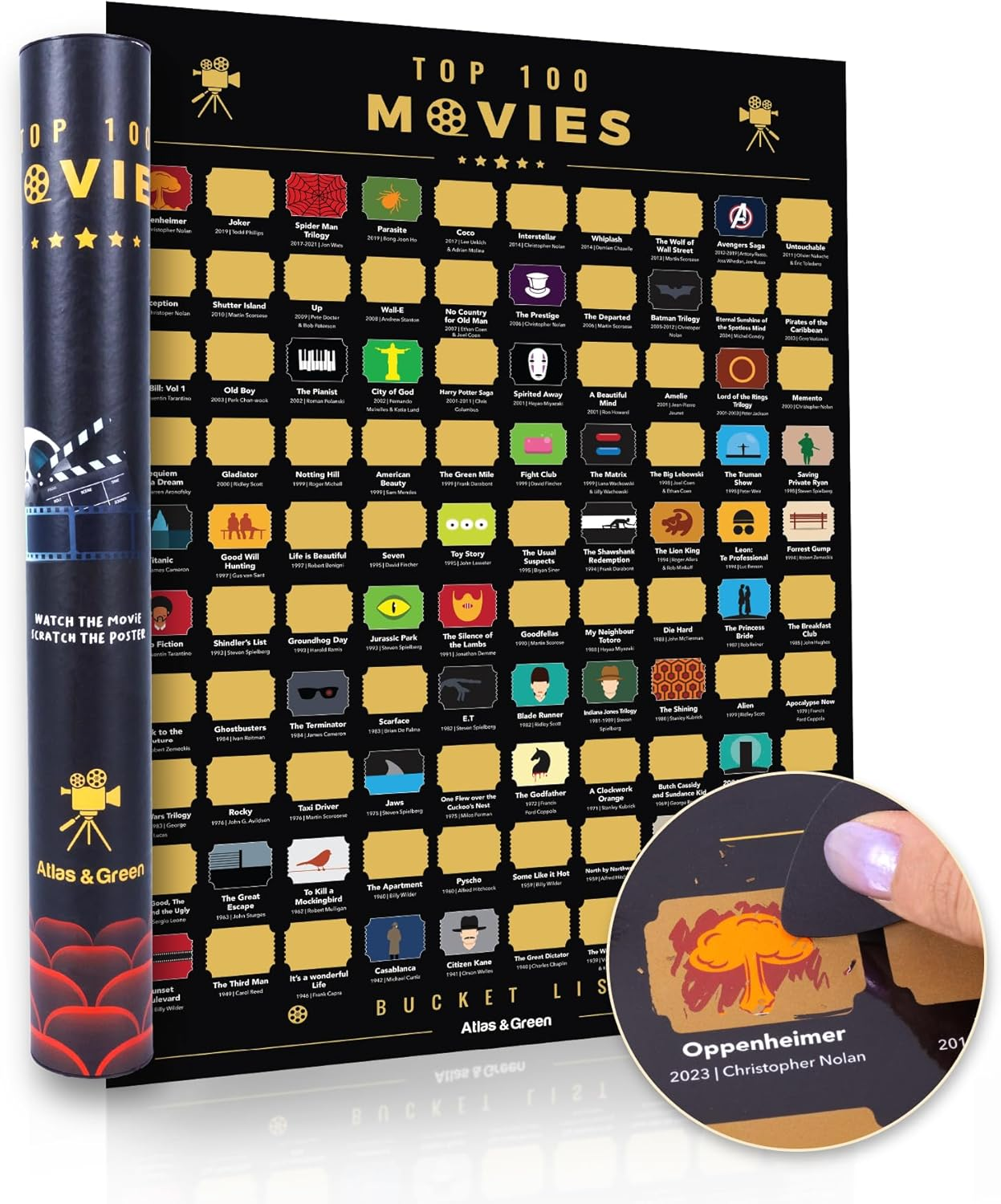 Atlas & Green Top 100 Movies Scratch off Poster | Bucket List Movie Poster | Top Films Scratch Poster + BONUS Accessories: Gift Tube, Scratch Tool & Review Stickers image number 5