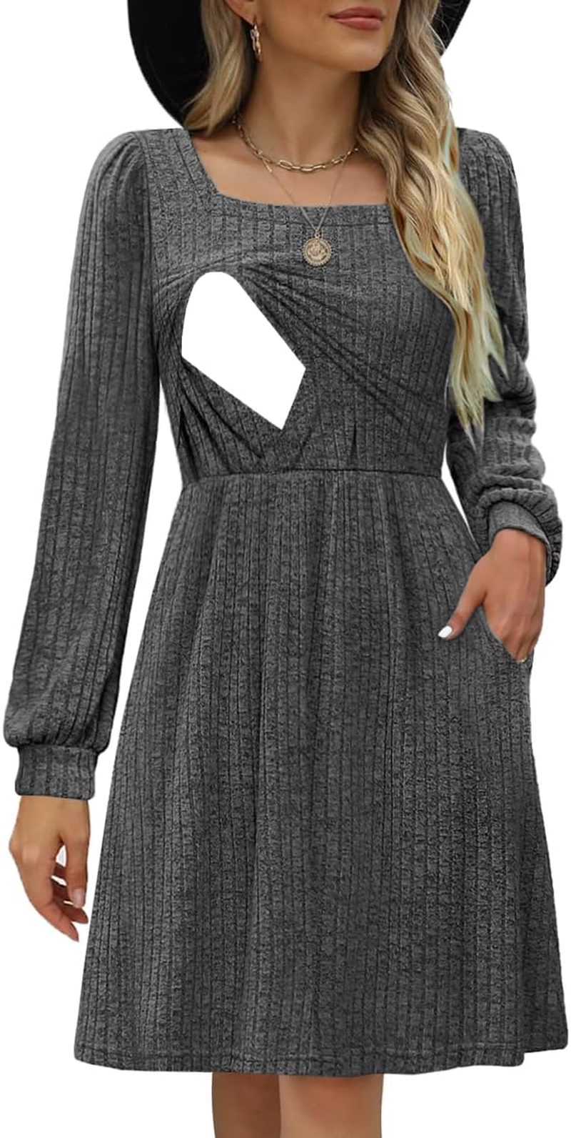 Womens Nursing Fall Dresses Square Neck Long Sleeve Winter Knit Sweater Dress 2024 with Pockets
