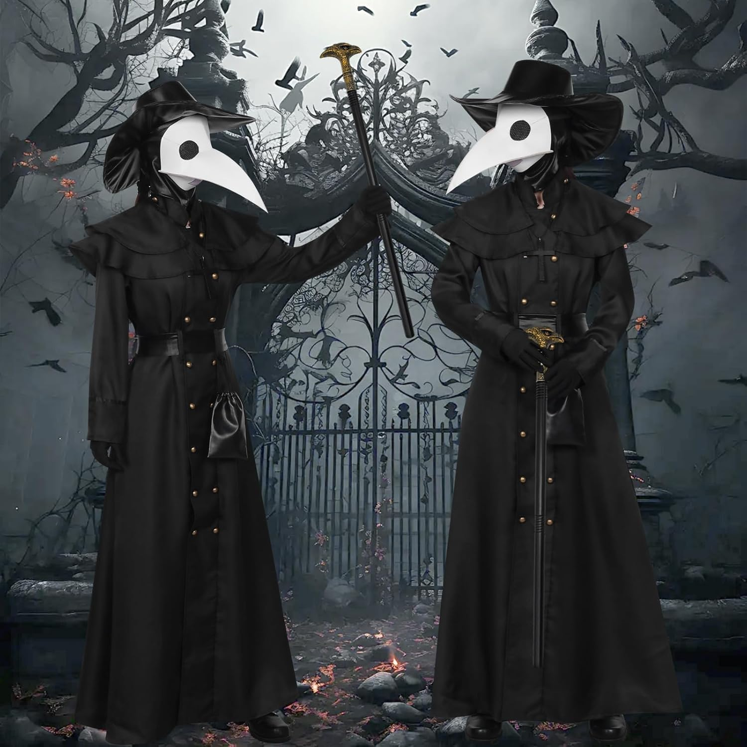 Plague Doctor Costume Set Halloween Props Medieval Monk Priest Renaissance Cosplay Mask Cloak Robe Cane Hat image number 5